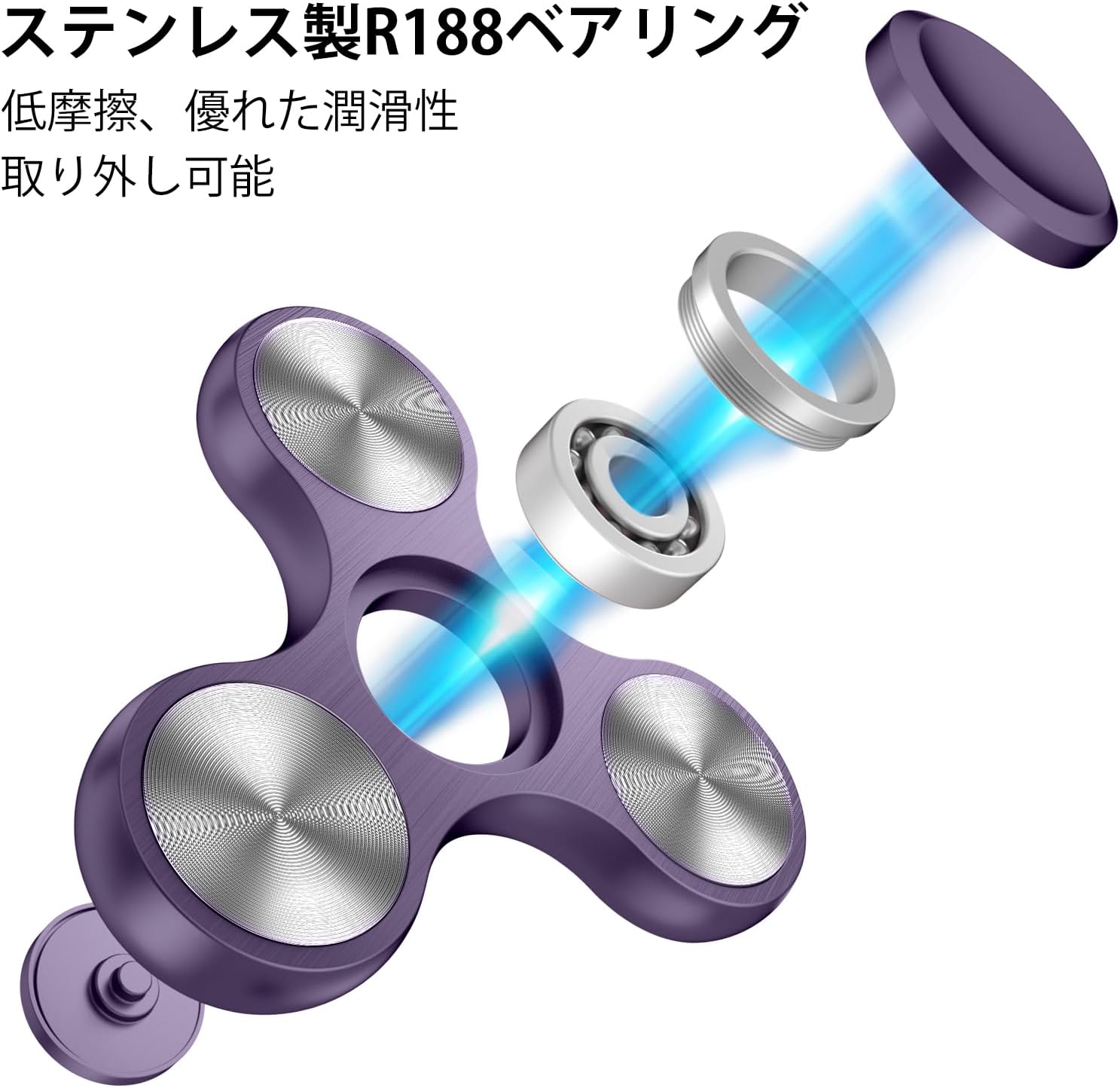 ストレス解消 メタル製ハンドスピナー 静音 4～6分回転 フィジェットトイ 大人・子供向け パープル