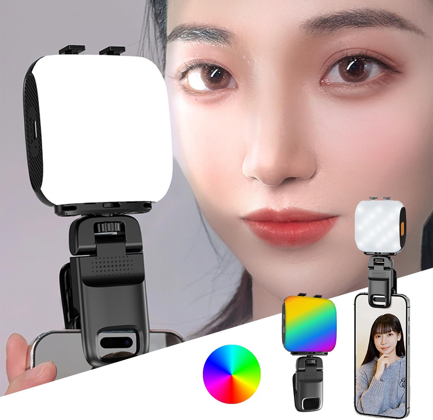 自撮り用 LED 撮影ライト RGB 調光可能 クリップ式 USB 充電 小型携帯型
