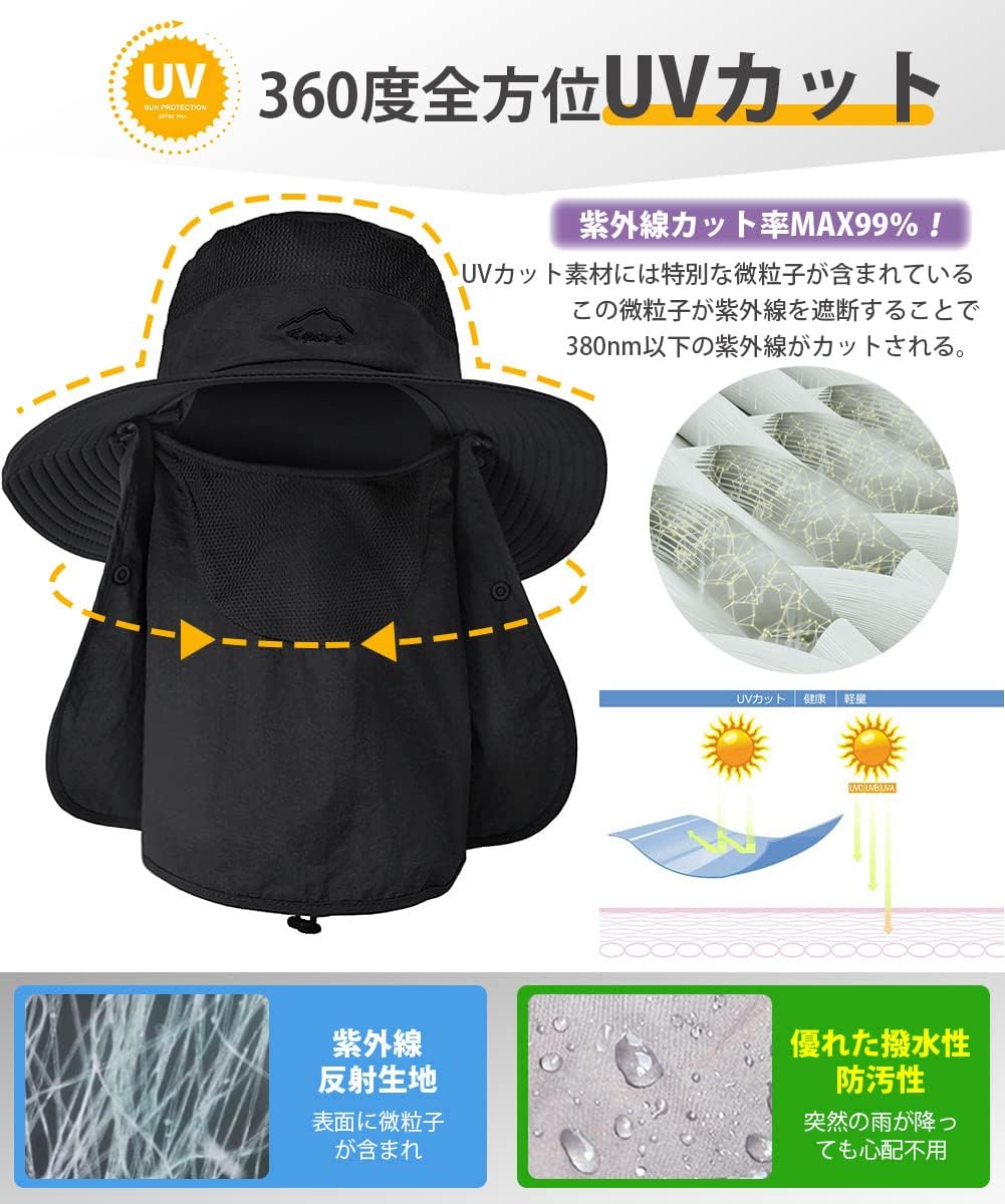 メンズサファリハット UPF50+ 日除け 大きいサイズ 通気性 撥水 防風 3way 折りたたみ
