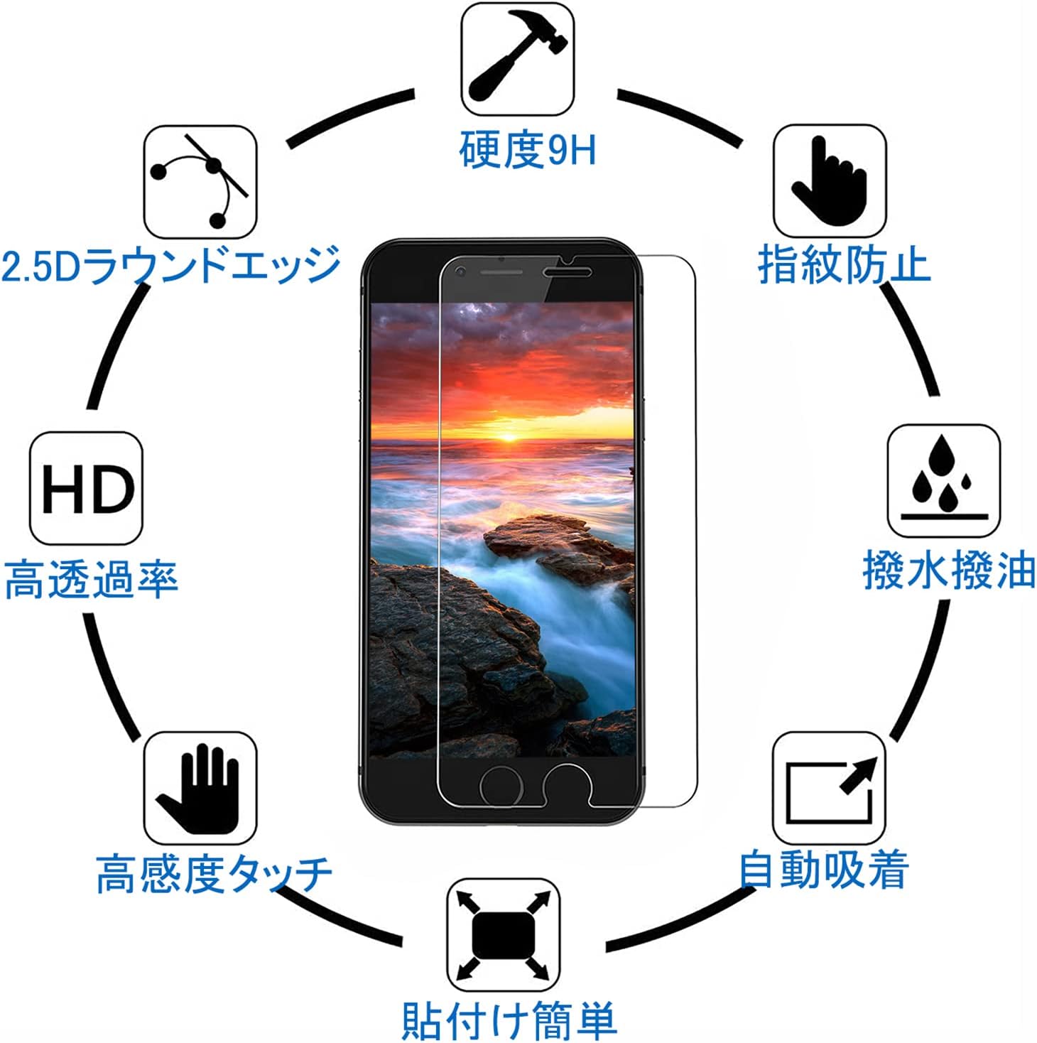 iPhone8/7/6/6s対応 強化ガラスフィルム 2枚セット 9H 硬度 指紋防止 気泡ゼロ