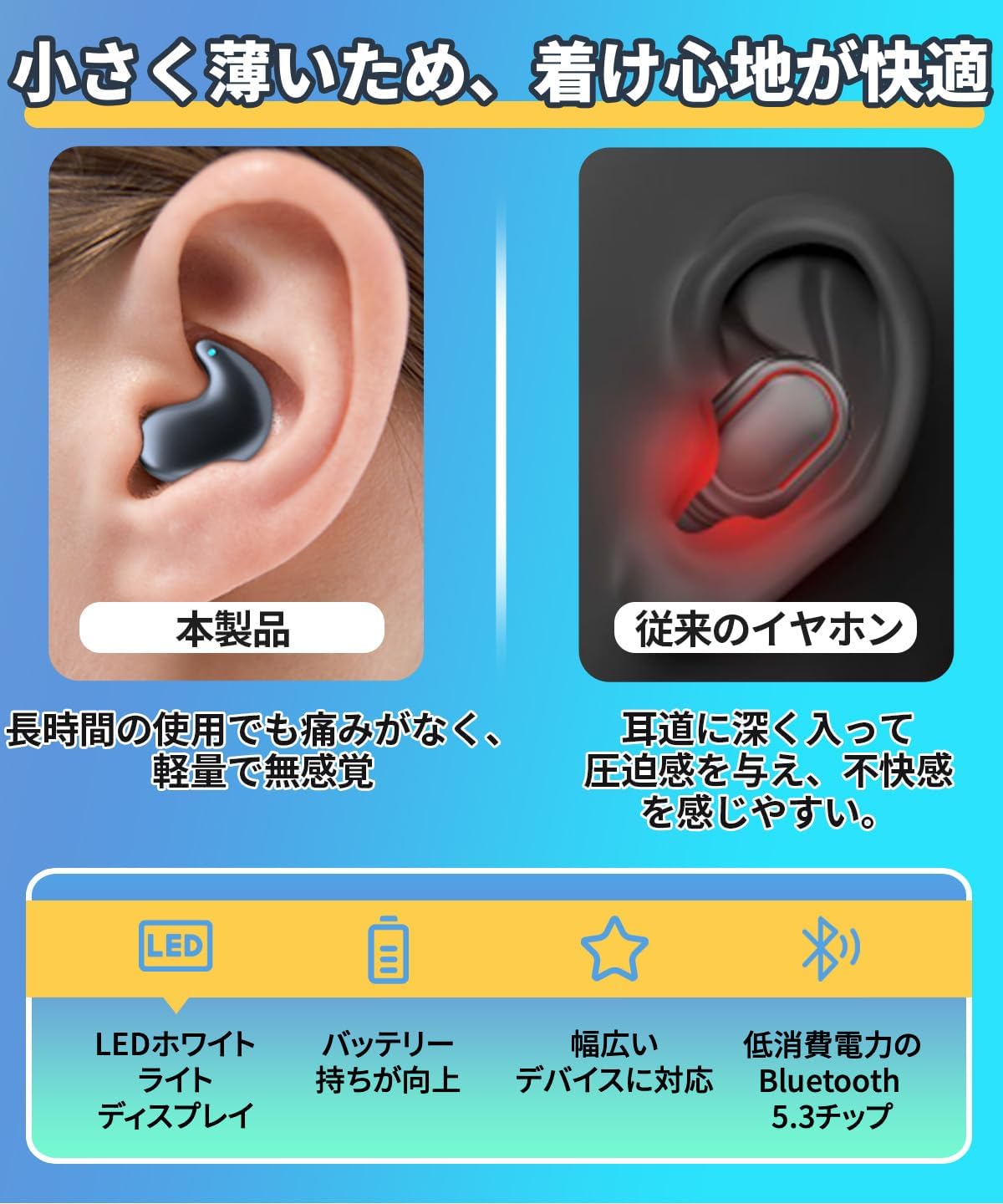 睡眠用ワイヤレスイヤホン ミニサイズ Bluetooth 左右分離型 Type-C iOS Android KD-S21 ブラック