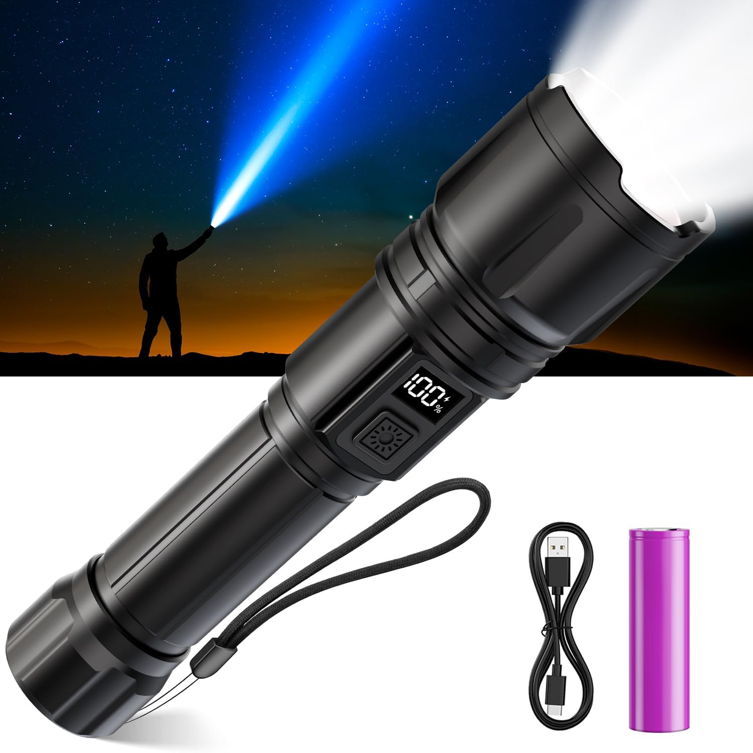 強力15000ルーメンLED懐中電灯 - 米軍採用モデル、充電式・電池式、IPX6防水、4モード調光、ズーム機能