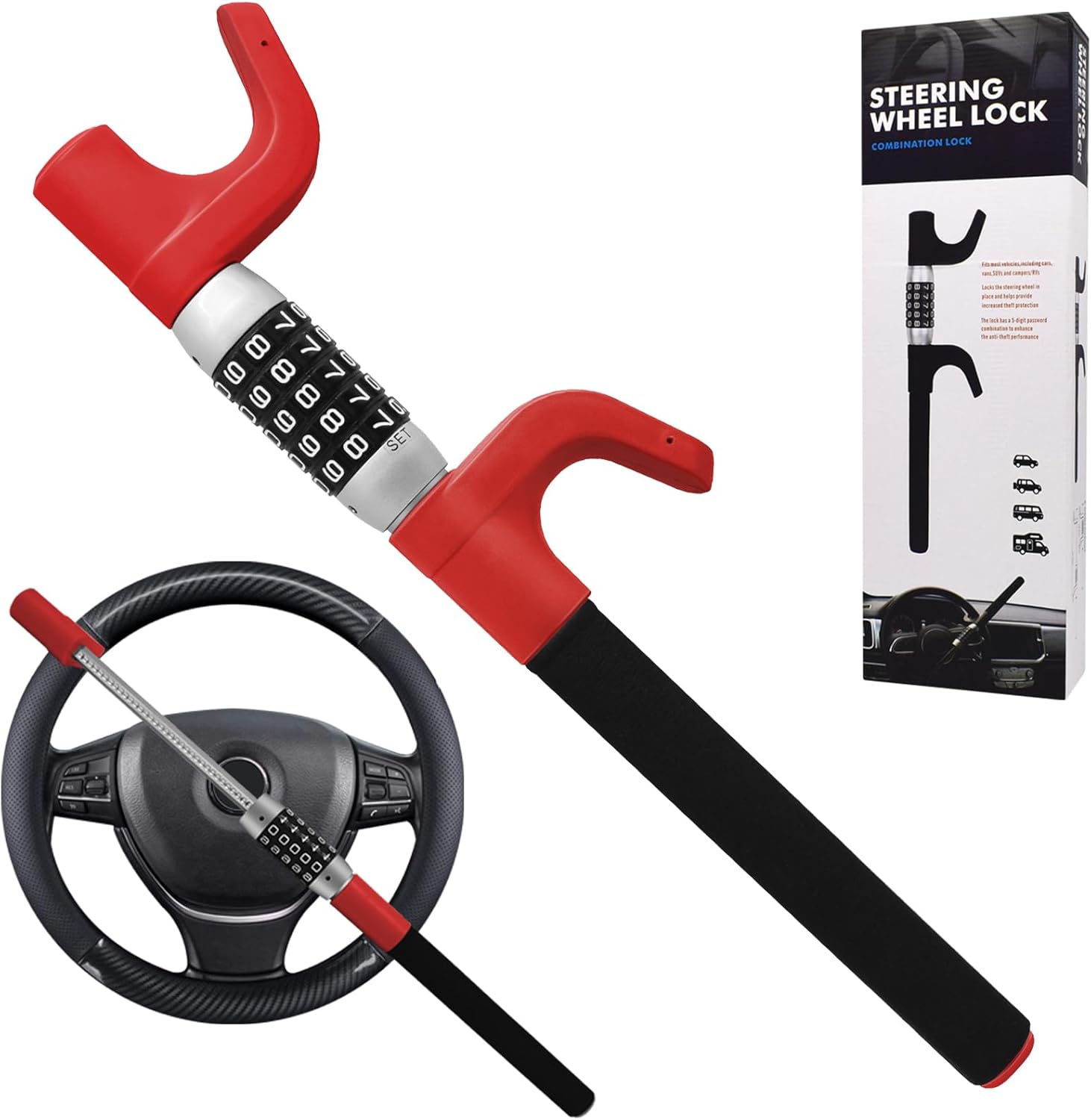 ダイヤル式ハンドルロック 合金製 盗難防止 全車種対応 (最新型レッド)