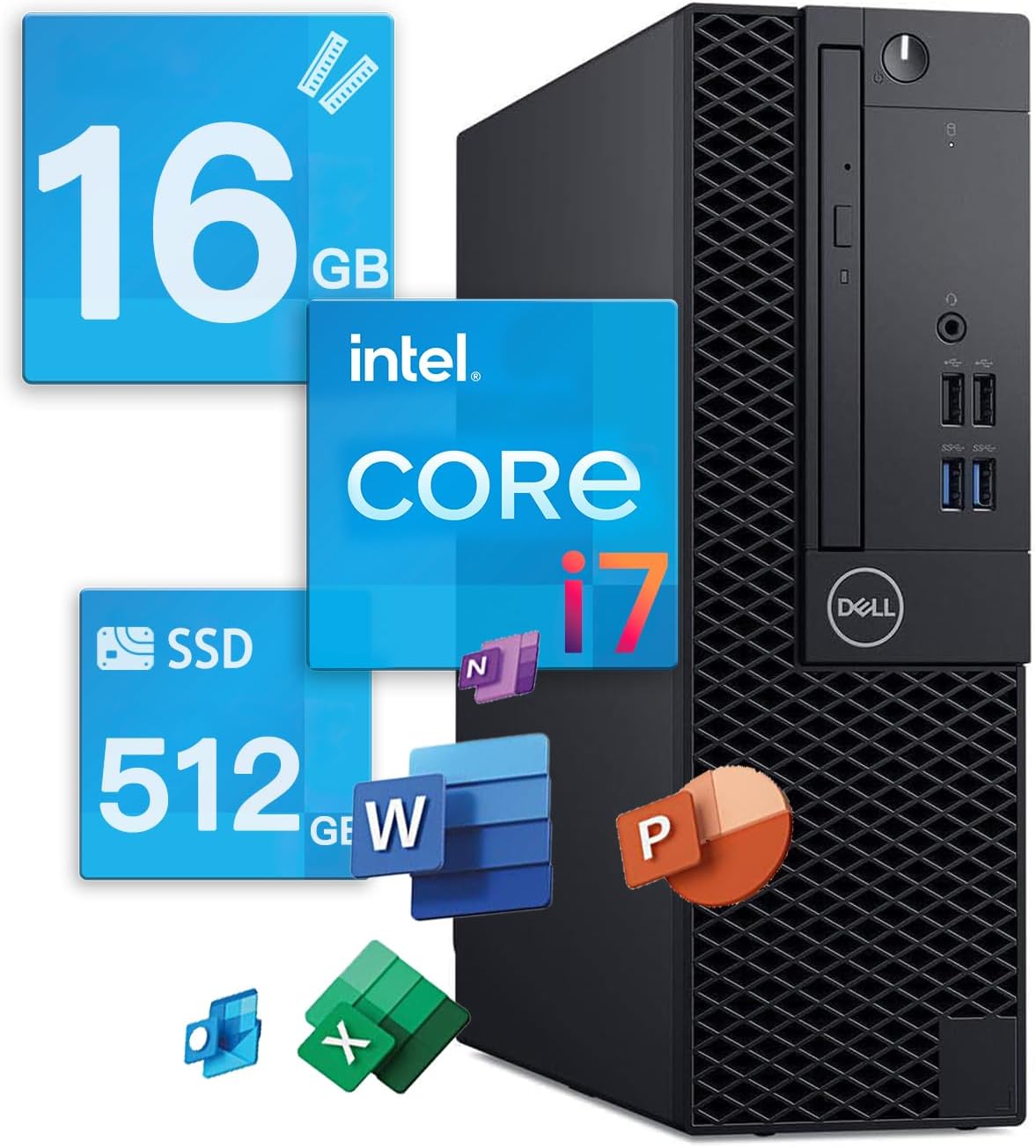整備済み品 デル OptiPlex 3060SFFF デスクトップPC (Core i7, 16GBメモリ, 512GB SSD, Windows 11 Pro, MS Office 2019)