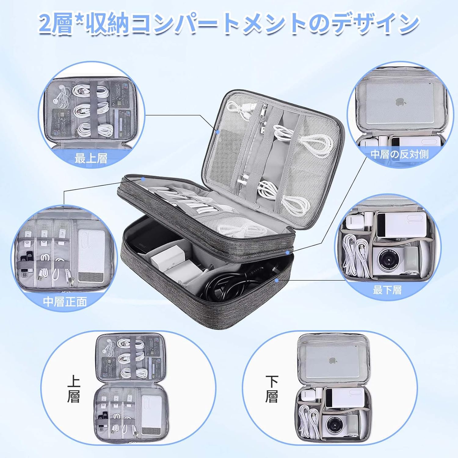旅行用モバイルアクセサリー収納ポーチ 撥水 軽量 仕切り付き（グレー）
