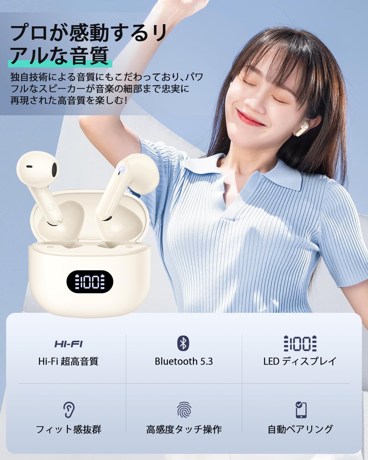 ワイヤレスイヤホン Bluetooth 55時間再生 Hi-Fi重低音 IPX7防水 軽量 Type-C急速充電