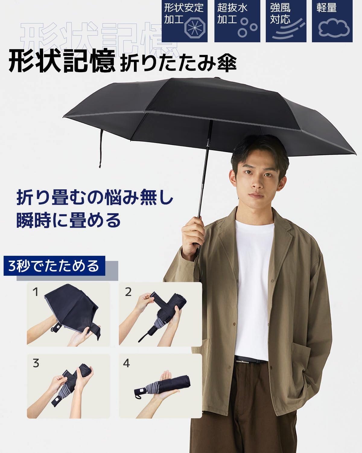 自動開閉軽量折りたたみ傘 メンズ・レディース兼用 3秒で収納 撥水耐風 260g