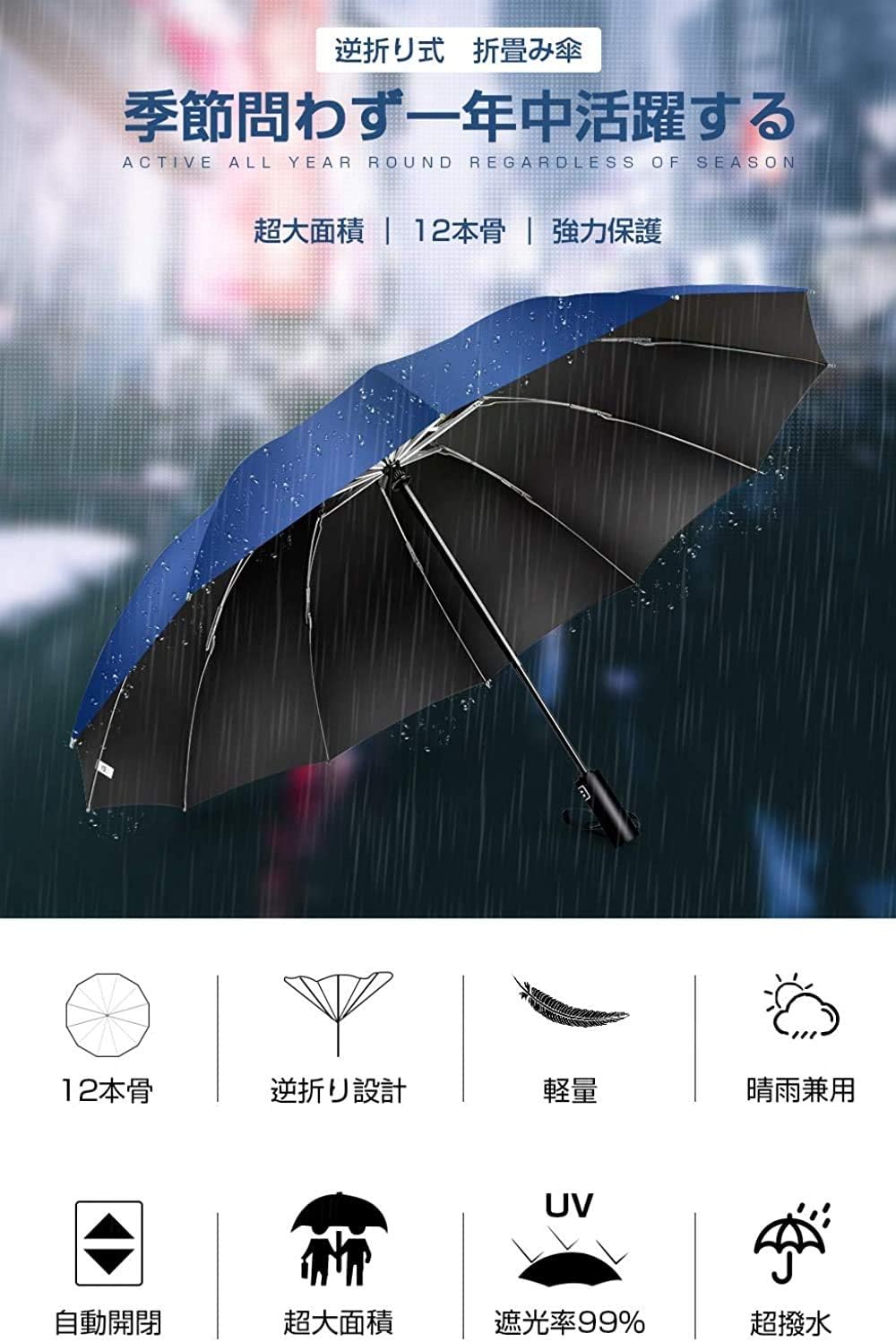 梅雨対策 メンズ・レディース兼用 ワンタッチ自動開閉 逆折り式 大型耐風テフロン加工折りたたみ傘