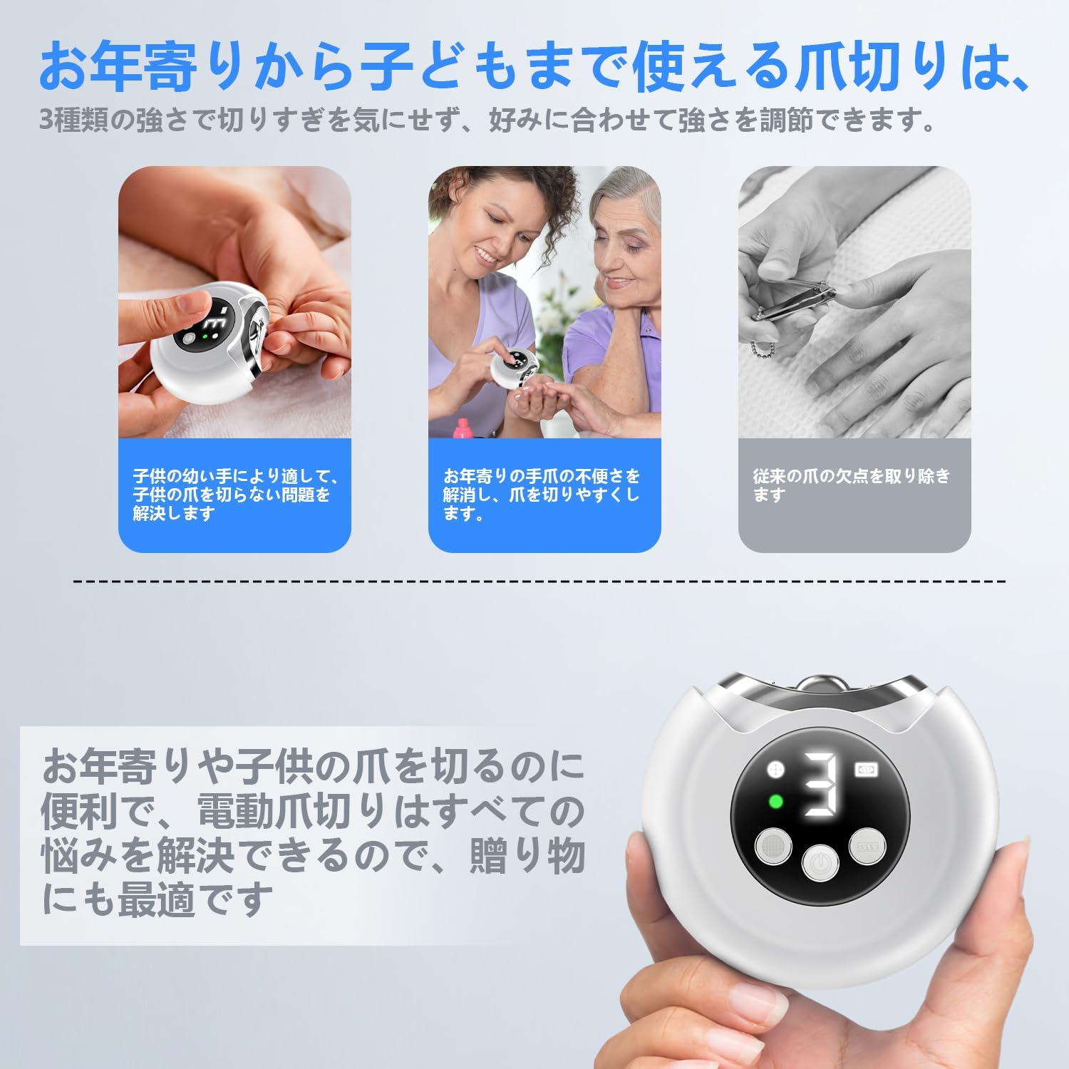 電動爪切り 2025年アップグレード版 LEDライト付き 3段階スピード Type-C充電式 子供・大人・高齢者向け