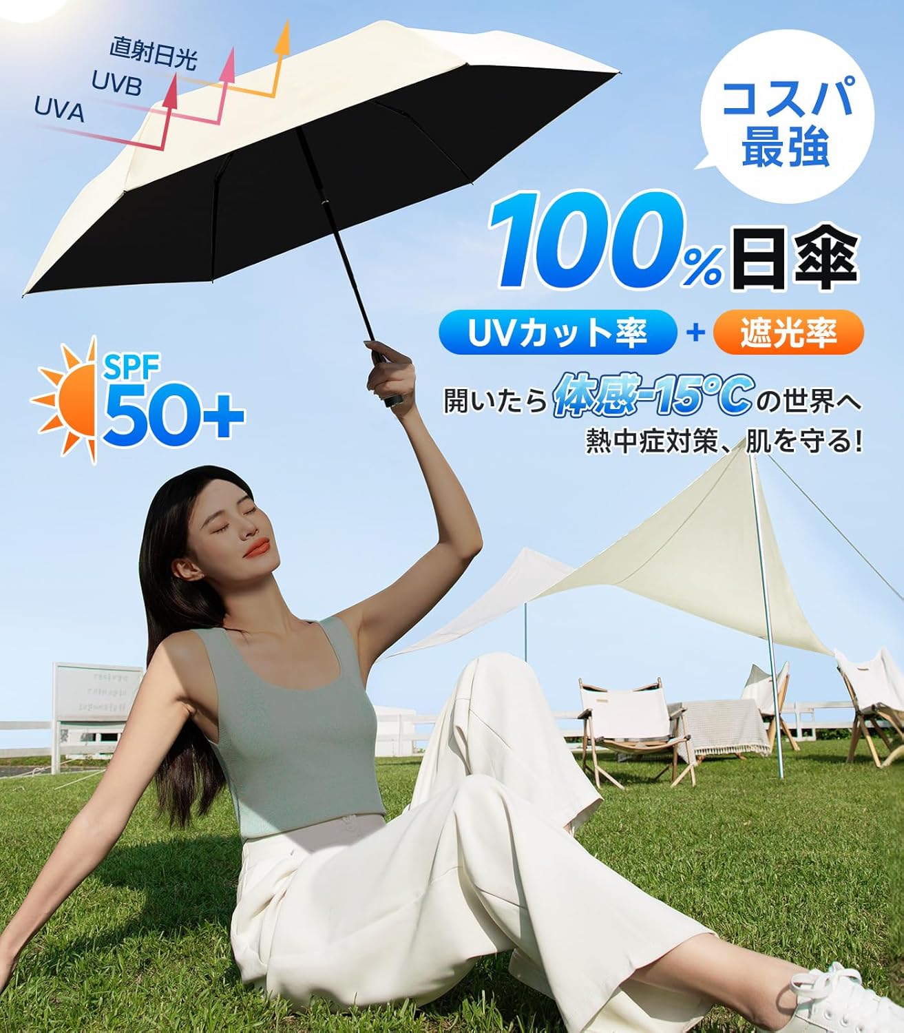 UVカット100% 自動開閉段階収納折りたたみ傘 100cm メンズ・レディース向け