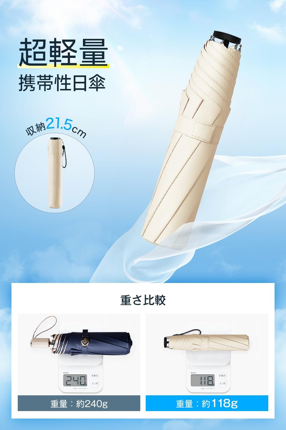 【日傘】 UVカット 100%遮光 折りたたみ軽量コンパクト 男女兼用収納ポーチ付き