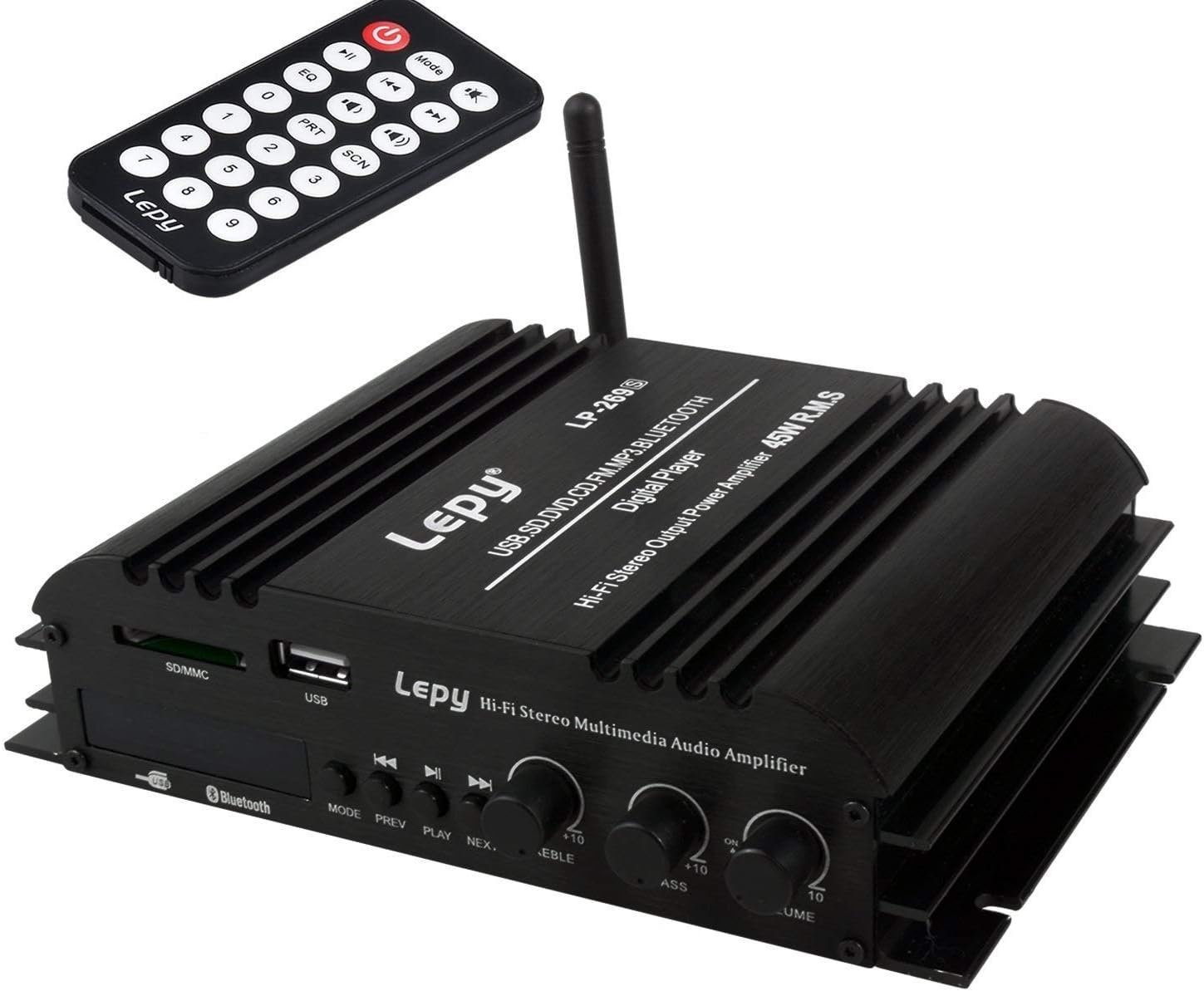 LEPY Bluetooth 45W×4チャンネル Hi-Fiステレオデジタルアンプ USB/SDカード再生可 重低音 リモコン付き 12Vアダプター付属