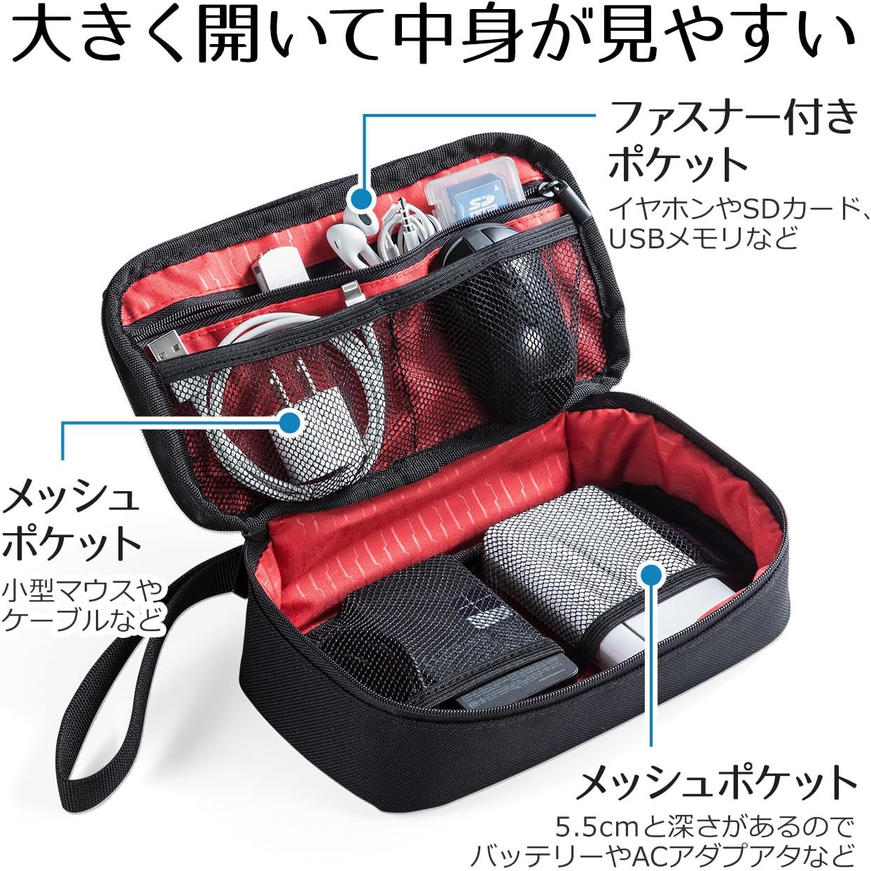 サンワダイレクト ガジェットポーチ 旅行用 収納ポーチ グレー