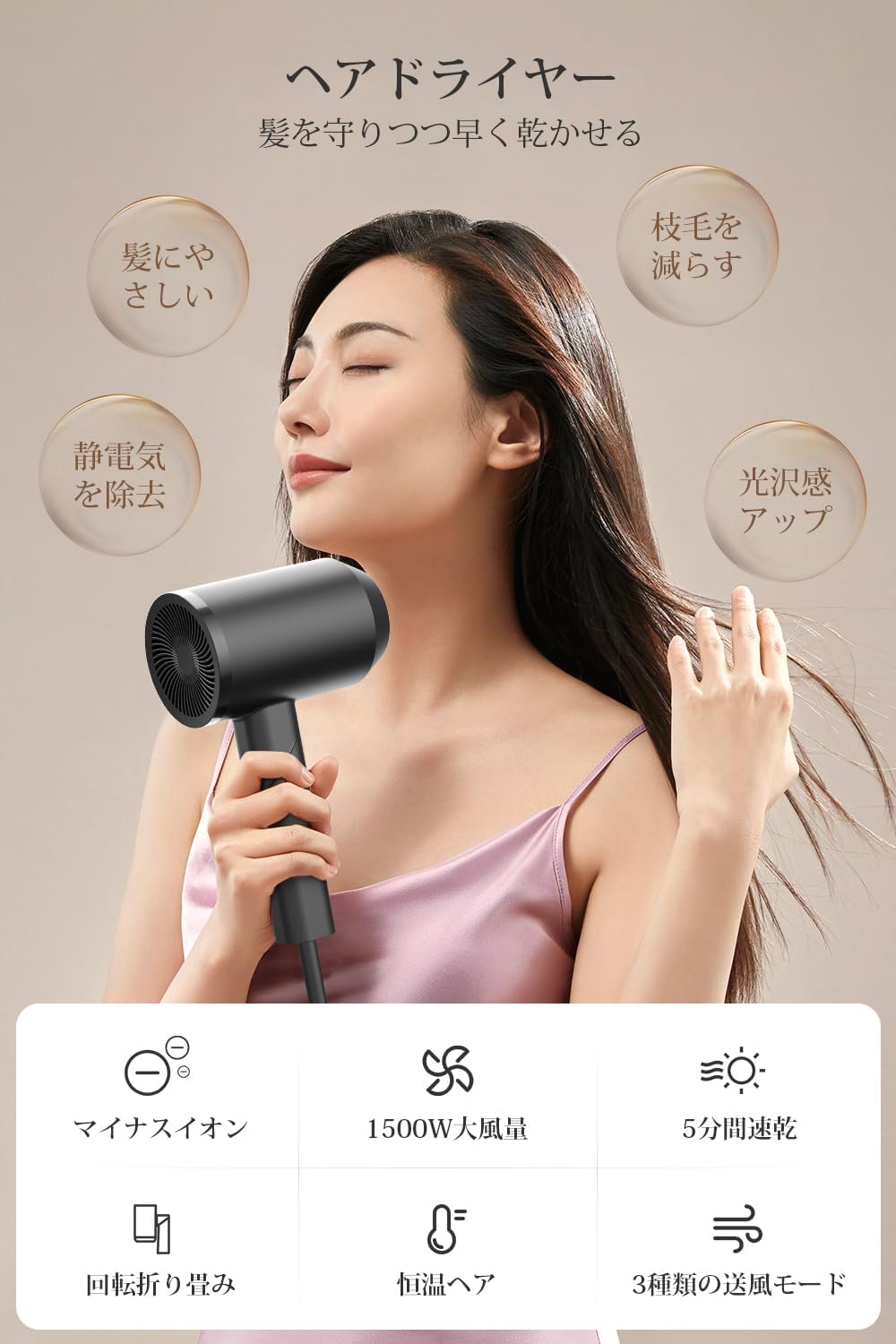 速乾革命 ヘアドライヤー 1500W 大風量 高濃度マイナスイオン 折り畳み式 軽量プロ仕様