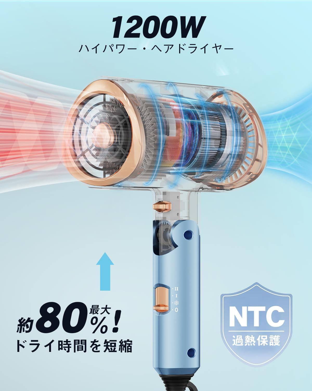 美容師監修の速乾ヘアドライヤー 大風量 2000万マイナスイオン 57℃恒温 3段階調整 折り畳み式 コンパクト ブルー