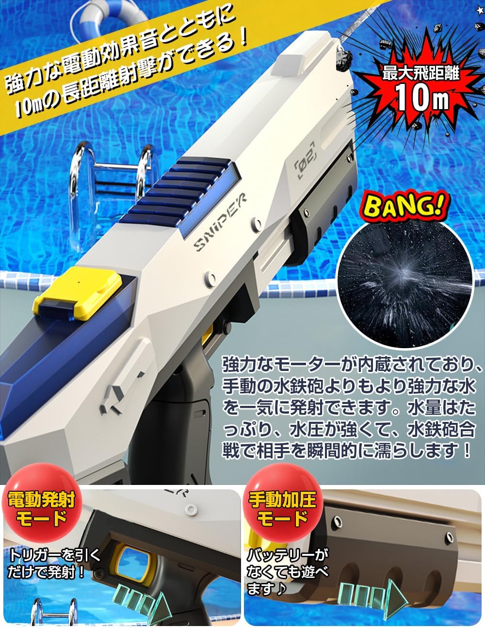 電動ウォーターガン 自動給水式 超強力飛距離 約10m 水遊び用 大人・子供向け