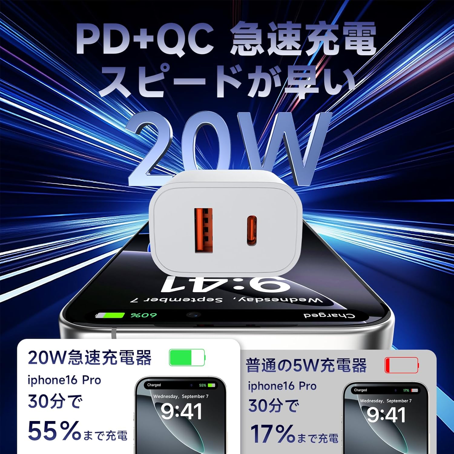 iPhone 16対応 20W 2ポート USB-C 急速充電器 & 2m USB-Cケーブル【PSE認証】
