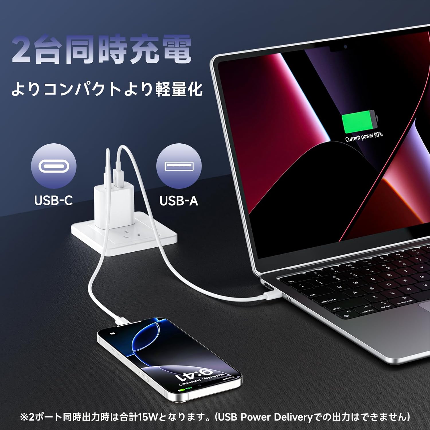 iPhone 16対応 20W 2ポート USB-C 急速充電器 & 2m USB-Cケーブル【PSE認証】
