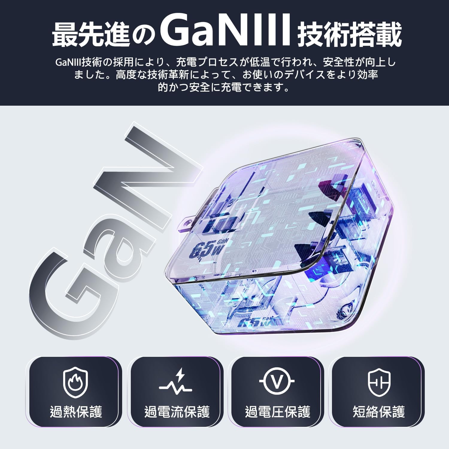 65W PD対応USB充電器 GaN技術 折りたたみ式プラグ USB-C×2 & USB-A 3ポート