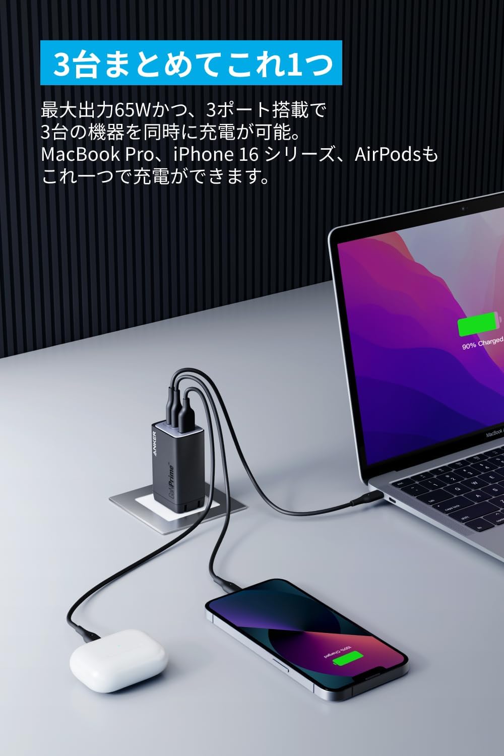 Anker 735 65W GaN USB PD 充電器 (USB-A & USB-C, 3ポート, ブラック)