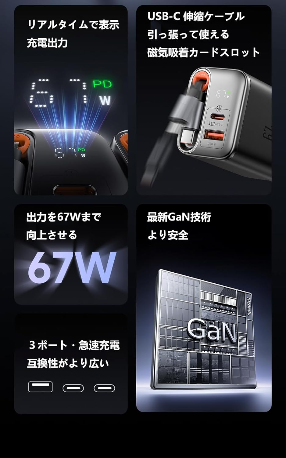 67W GaN急速充電器 PD対応 USB-C & USB-Aポート付 ブラック【折りたたみ式プラグ】