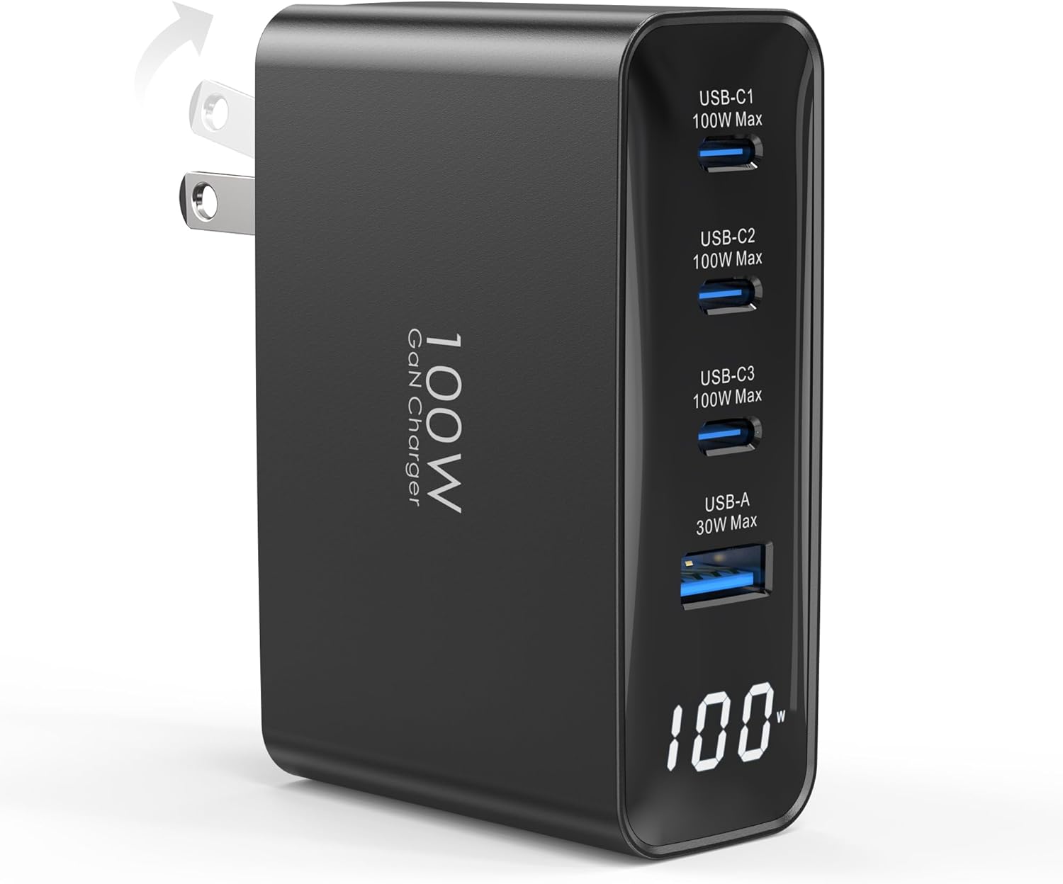 母の日プレゼント 100W 急速充電器 4ポート USB Type-C MacBook対応 折り畳み式 LEDディスプレイ GaNIII技術 ブラック