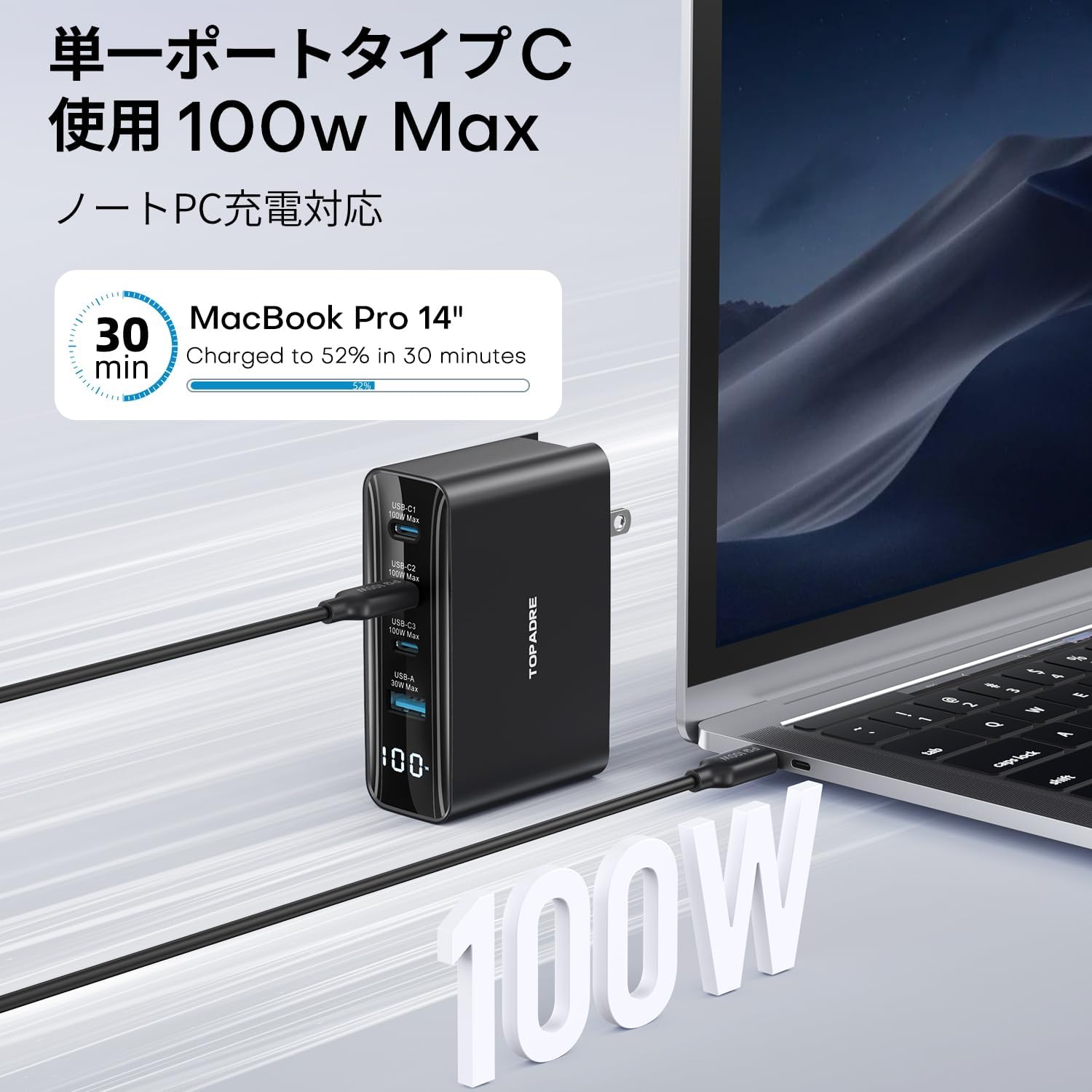 母の日プレゼント 100W 急速充電器 4ポート USB Type-C MacBook対応 折り畳み式 LEDディスプレイ GaNIII技術 ブラック