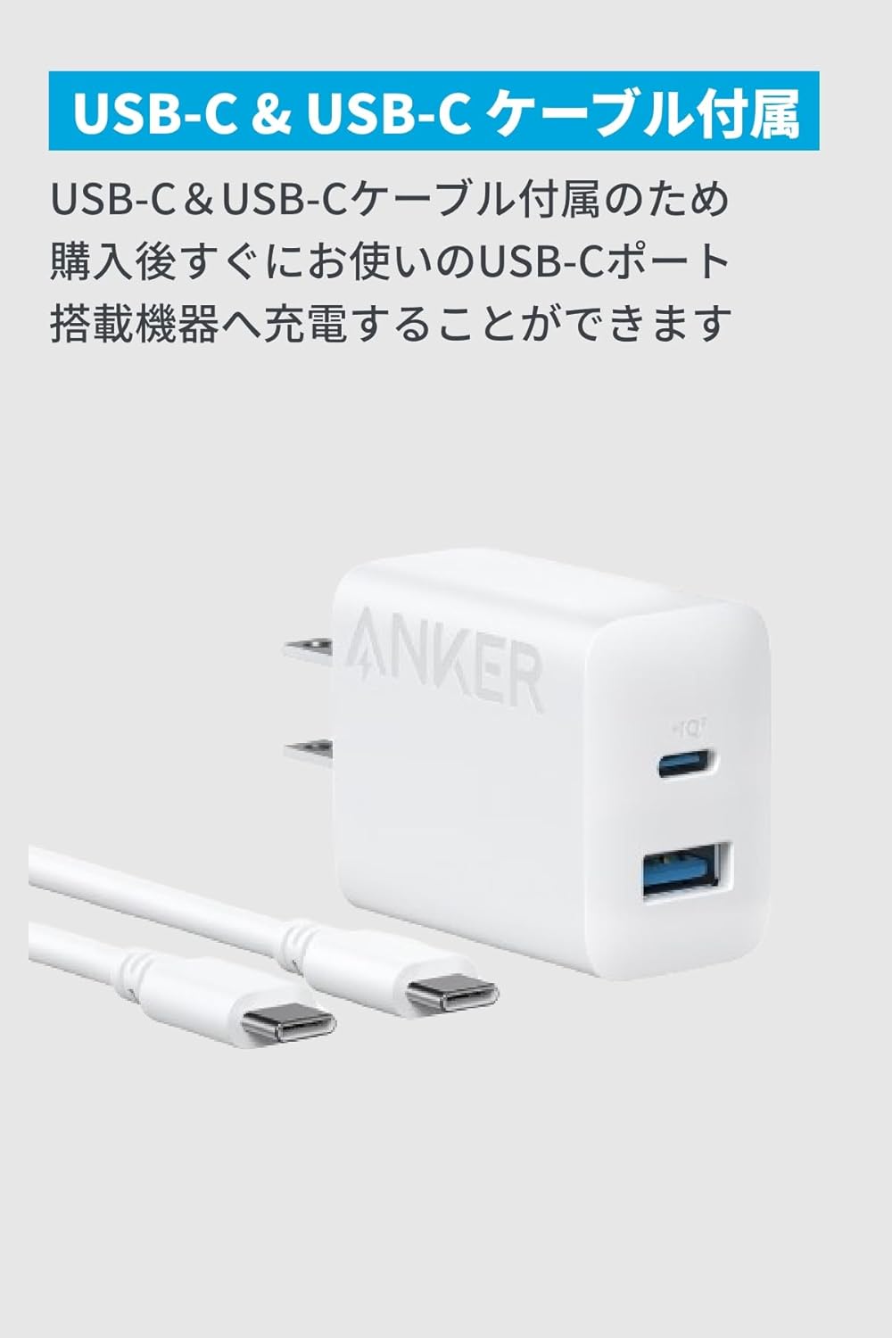 20W急速充電器 2ポート USB-Cケーブル付 PSE適合 ホワイト