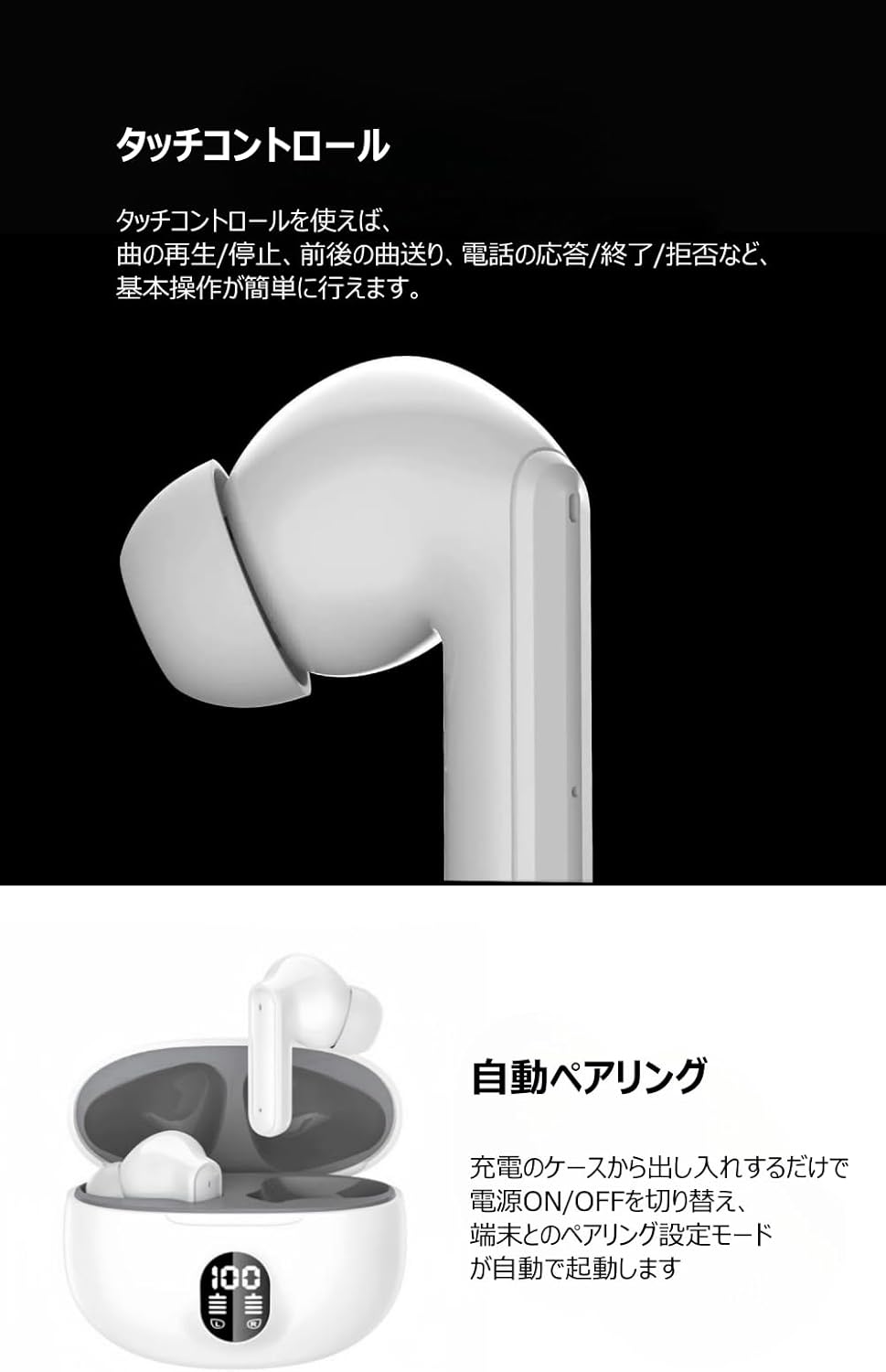 2025年新モデル Bluetoothワイヤレスイヤホン Hi-Fi音質 自動ペアリング IPX7防水 片耳/両耳対応 (ホワイト)