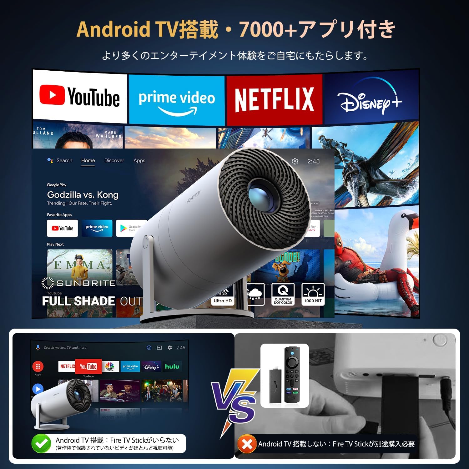家庭用プロジェクター【Android TV搭載・270°回転・1080P・Wi-Fi6】自動台形補正・Bluetooth5.3・ハイファイスピーカー内蔵・ズーム機能付き (ホワイト)