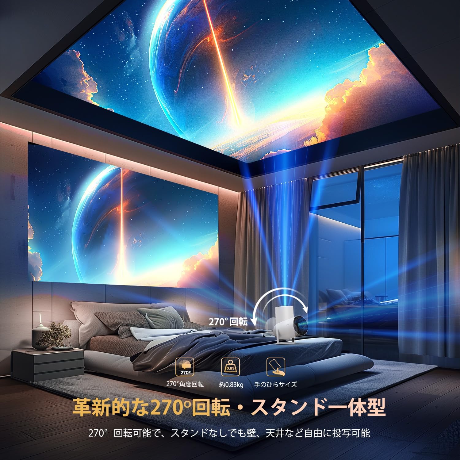 家庭用プロジェクター【Android TV搭載・270°回転・1080P・Wi-Fi6】自動台形補正・Bluetooth5.3・ハイファイスピーカー内蔵・ズーム機能付き (ホワイト)
