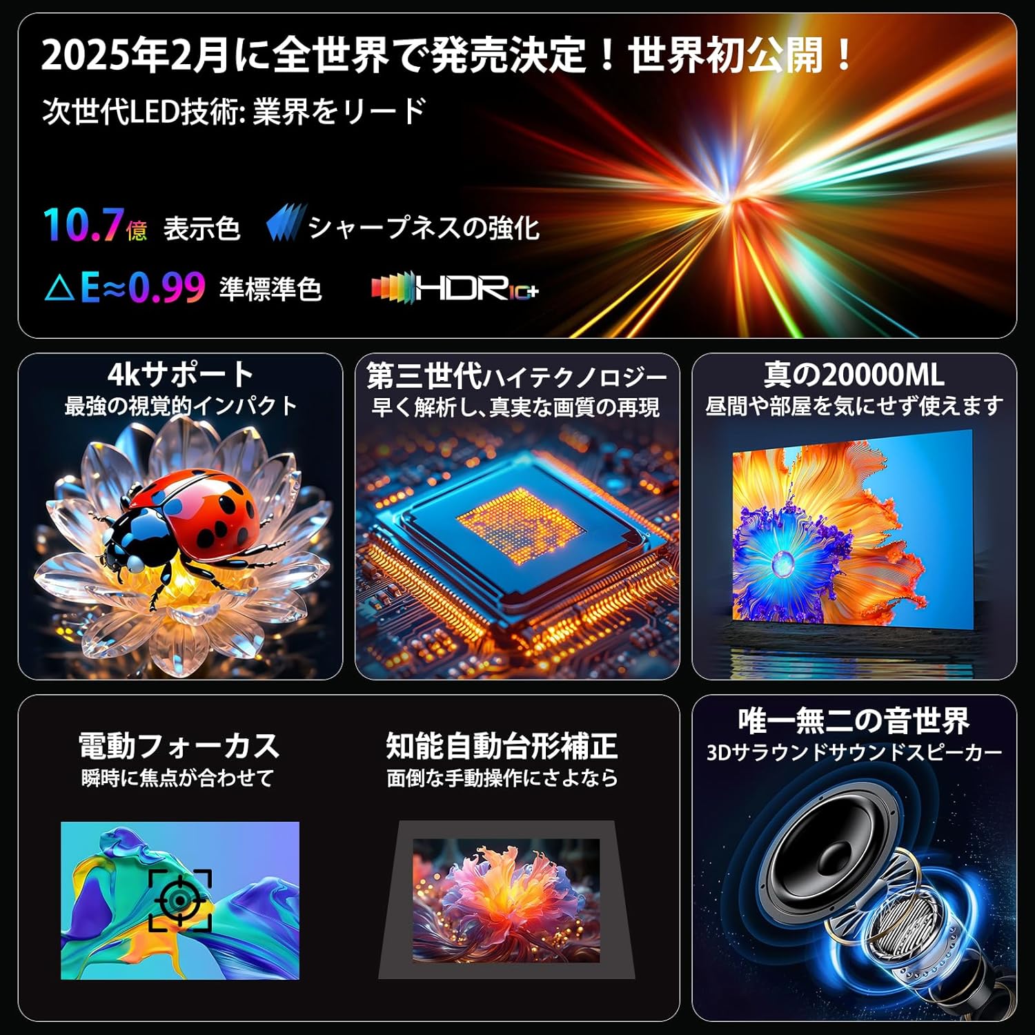 家庭用プロジェクター【明るさ20000LM・4K対応・自動台形補正】短距離投影・Wi-Fi6・Bluetooth5.4内蔵・軽量・プレゼントに最適
