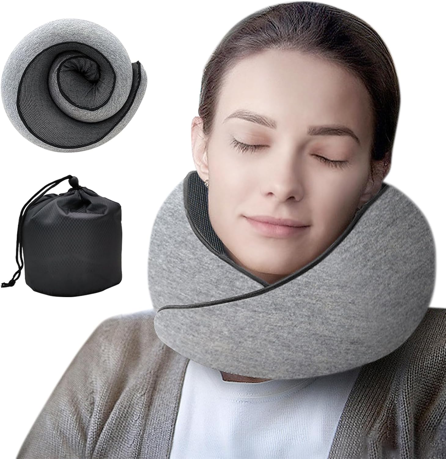 旅行用低反発U型ネックピロー｜洗濯可能カバー付き｜携帯便利｜グレー