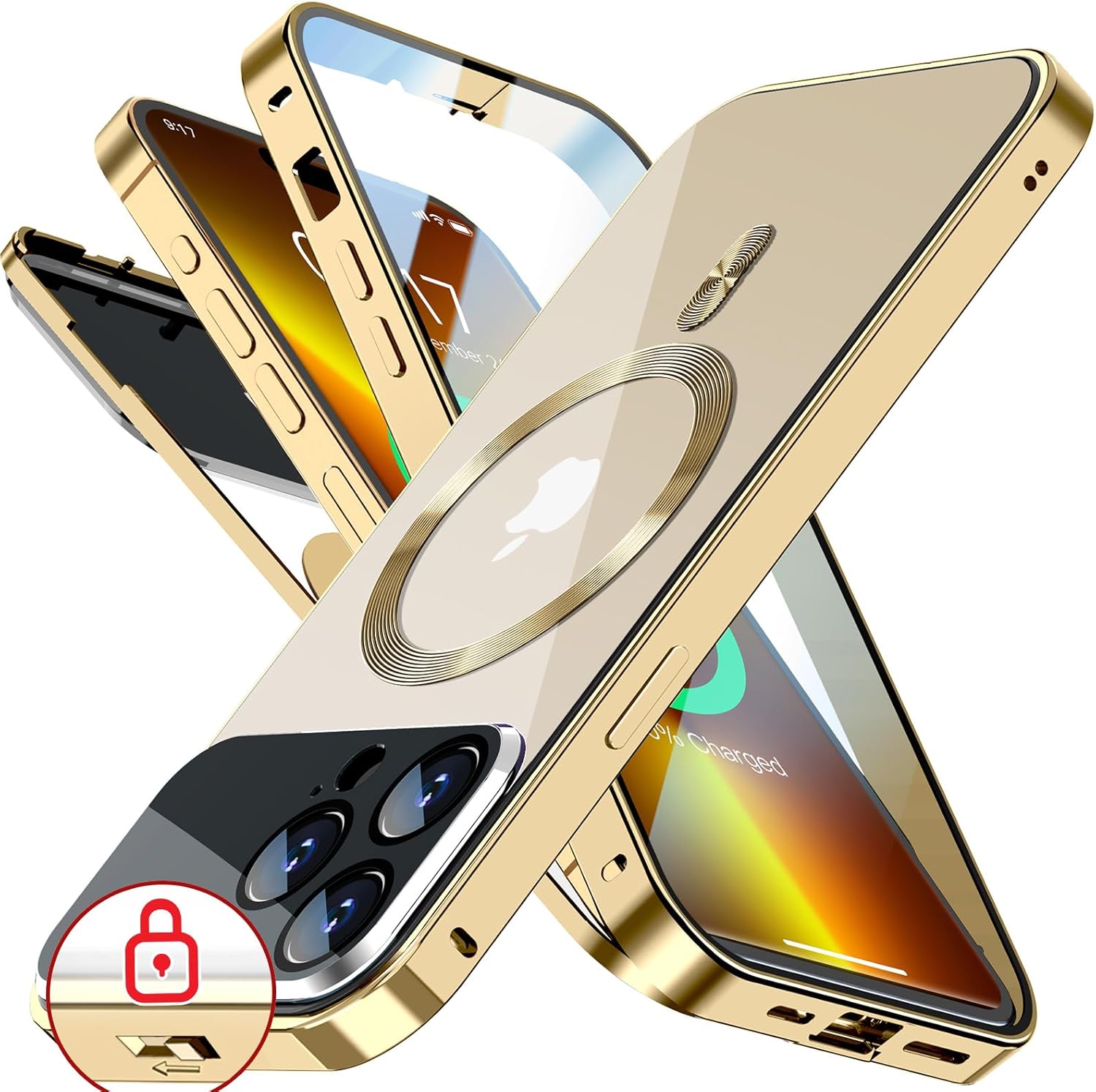 iPhone 13 Pro Max 用ケース - Mag-safe対応 360°全面保護・強化ガラス・アルミバンパー (ゴールド)