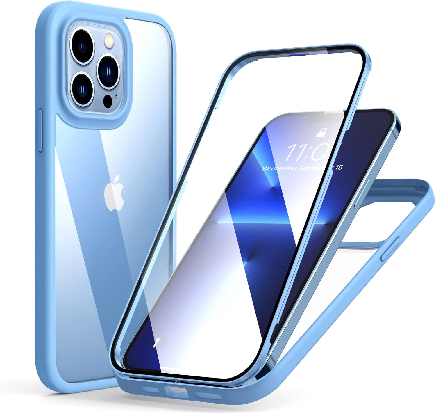 iPhone 13 Pro Max ケース 360°全面保護 強化ガラス製 軽量 ワイヤレス充電対応 シエラブルー