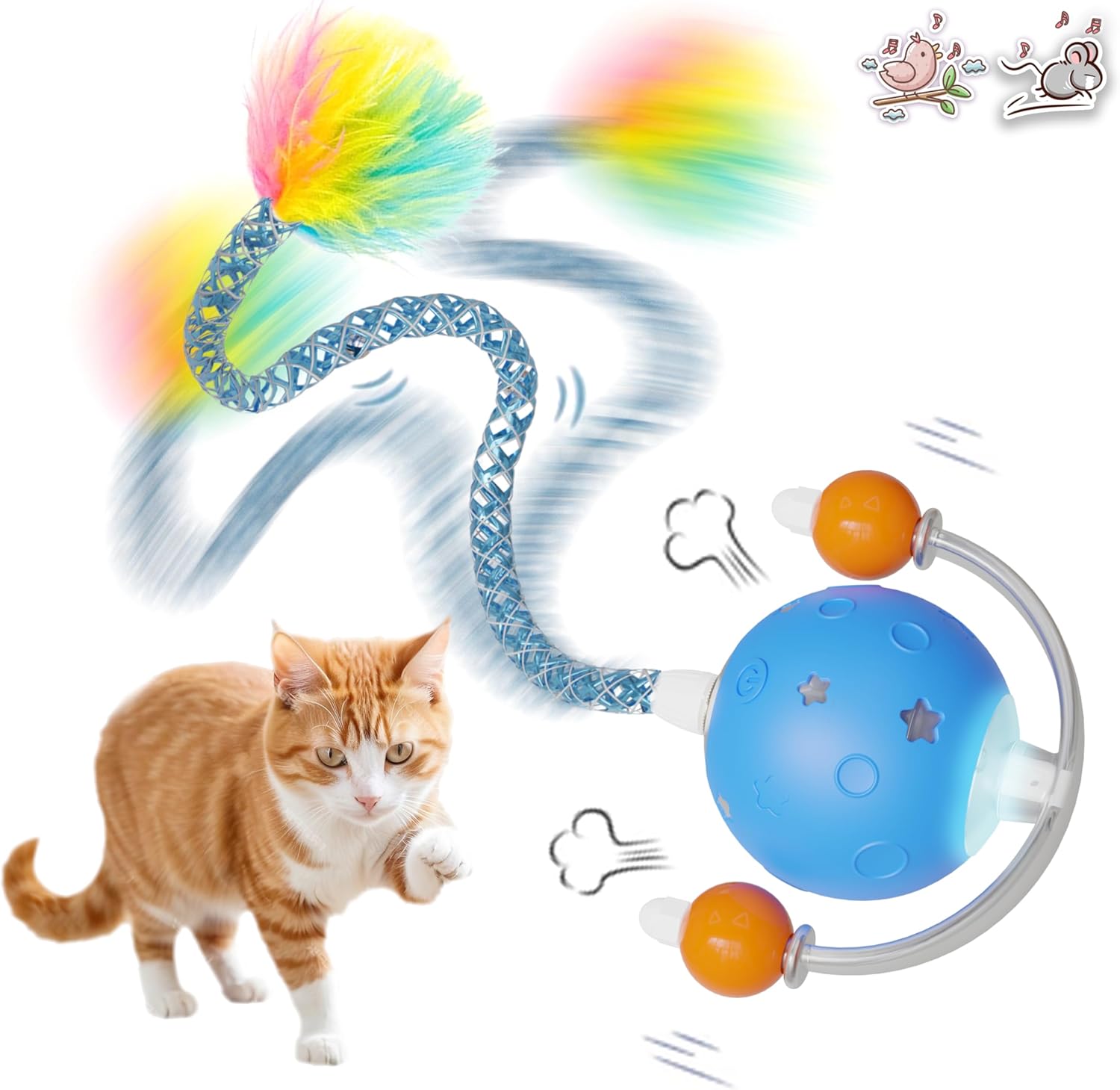 自動猫じゃらしおもちゃ【3モード/LEDライト/鳴き音付き】天然素材製