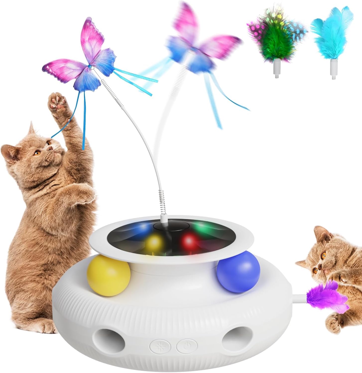 猫用自動知育おもちゃ 4in1電動猫じゃらし【LEDライト・天然素材】