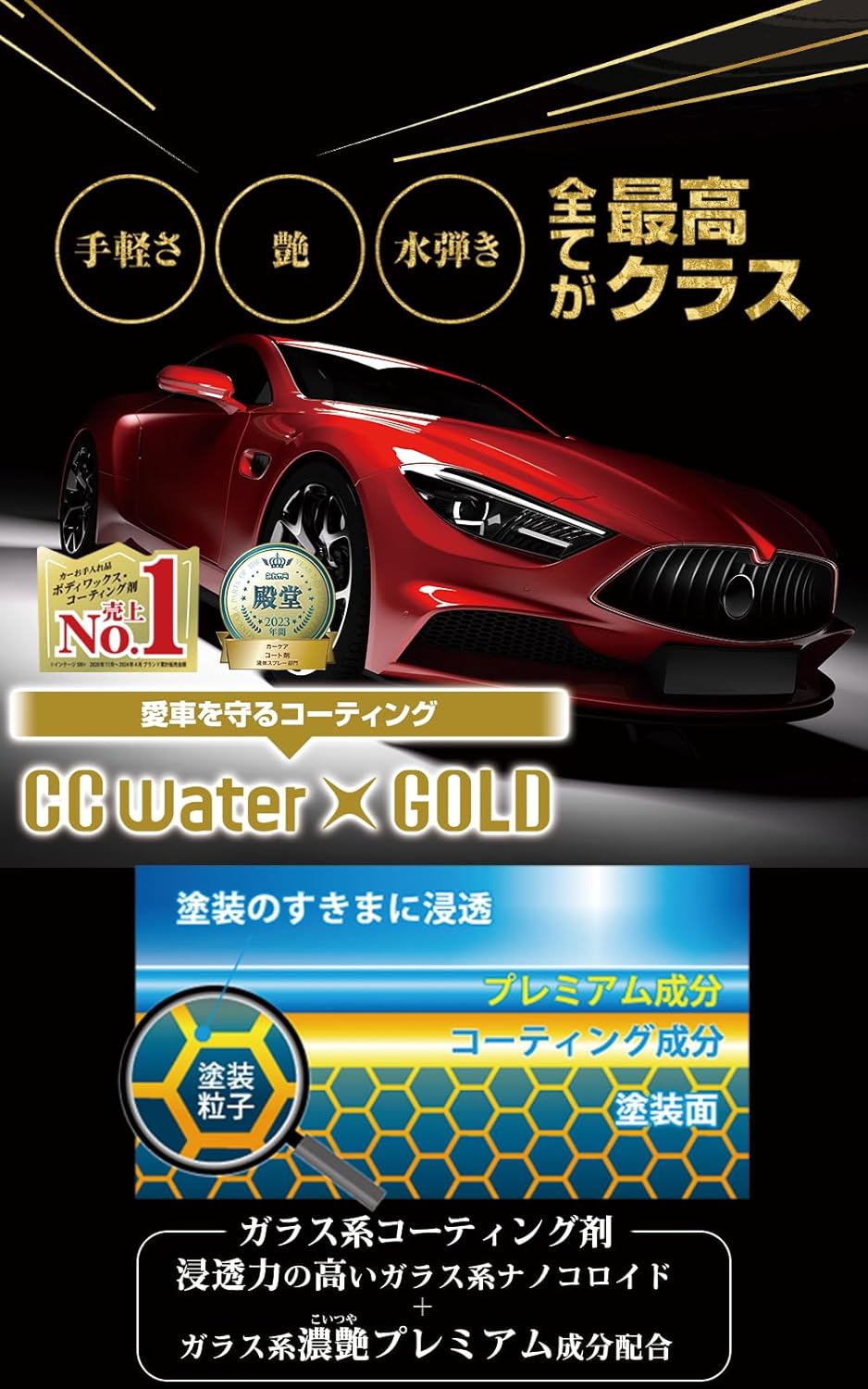 ガラス系ボディーコーティング剤 CCウォーターゴールド 300ml（マイクロファイバークロス付き）