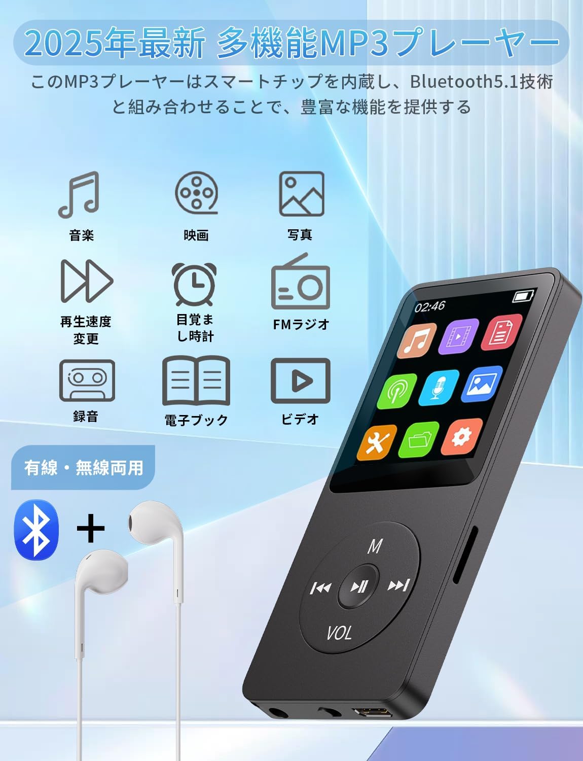 Bluetooth5.1対応 MP3プレーヤー 32GB(128GB拡張可能) 音楽・映画・録音・ラジオ対応 ギフト ブラック