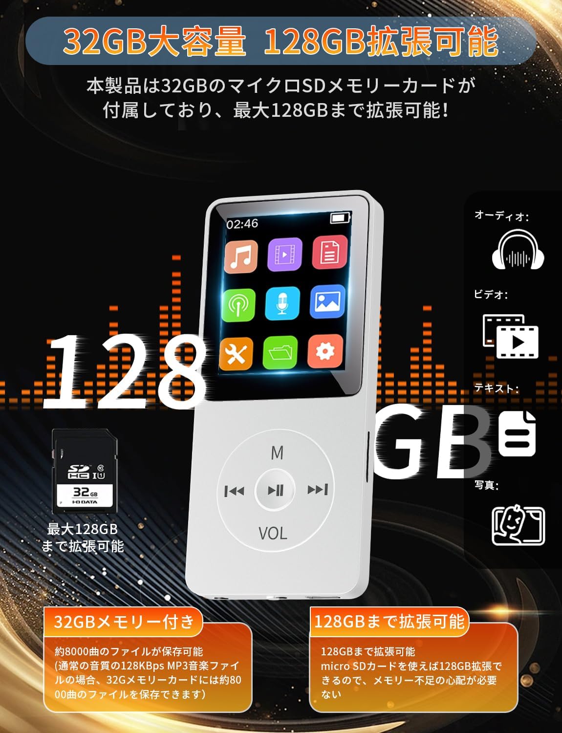 32GB内蔵 MP3音楽プレイヤー スピーカー・FMラジオ・録音機能付き ホワイト