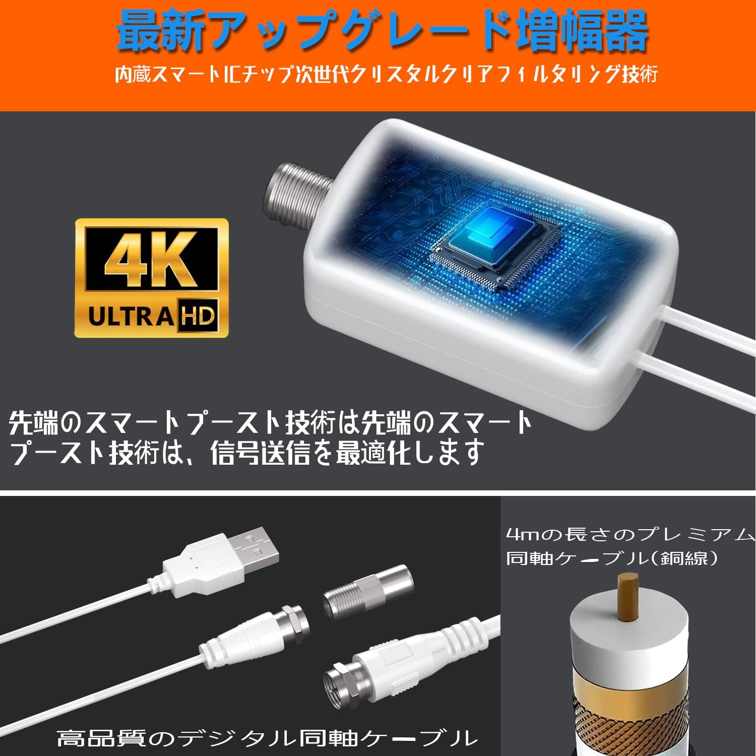 地デジ対応室内アンテナ【信号増幅器付き・フラットデザイン】500KM・360度全方位受信・高性能
