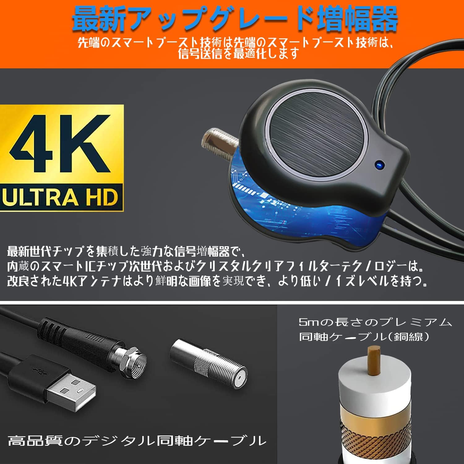室内用テレビアンテナ 2025年モデル 信号ブースター内蔵 4K HD 地デジ対応 450KM受信 高感度 USB式