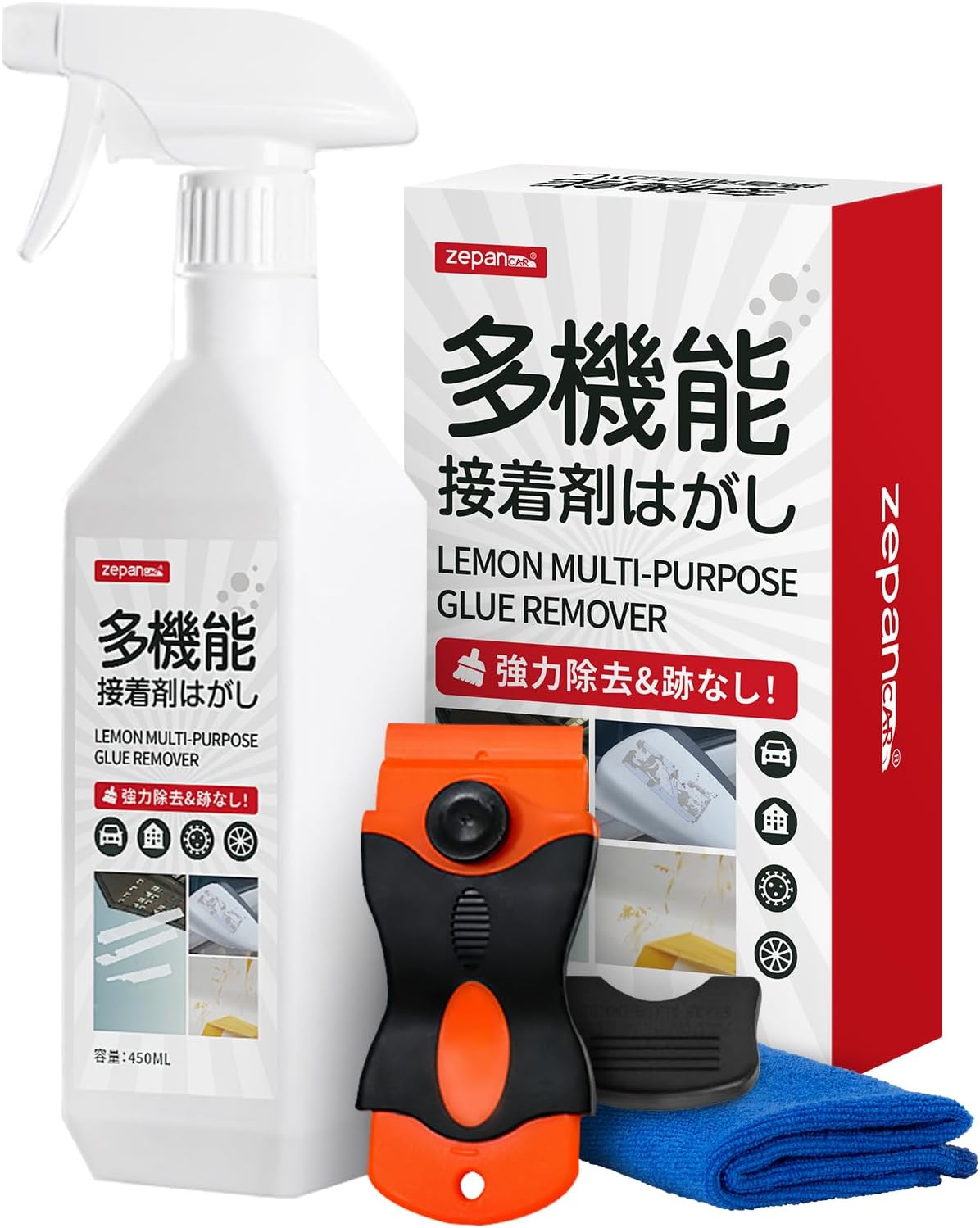 接着剤はがし液 450ml 大容量 超強力 シール・ラベル剥がし用 スクレーパー・タオル付