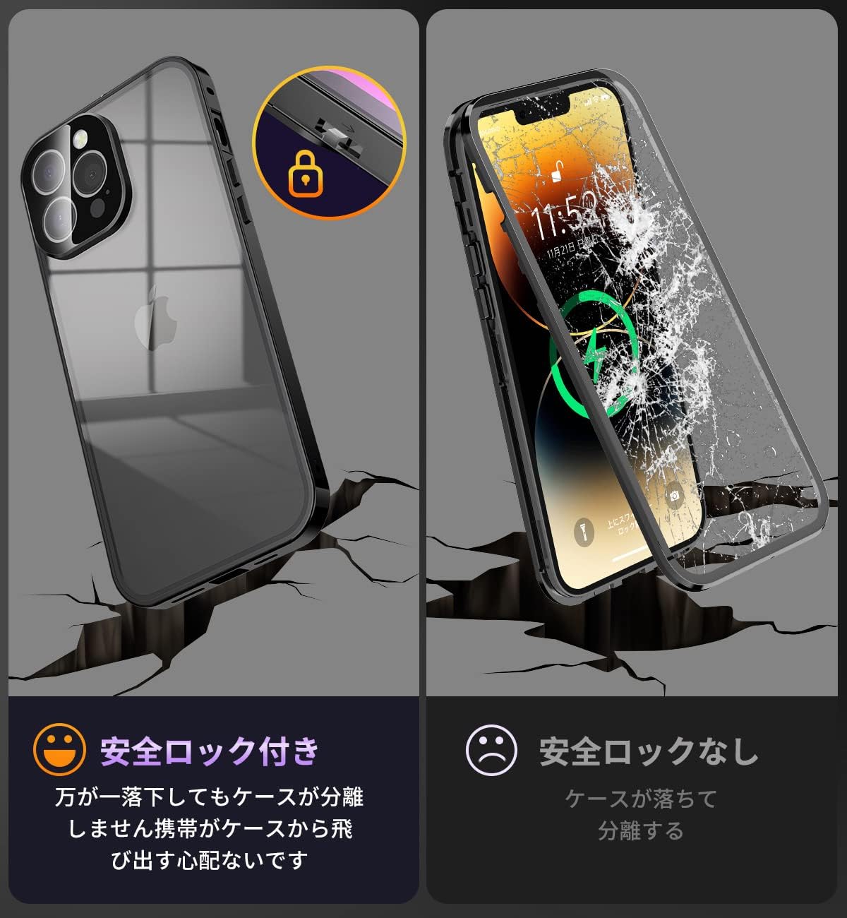 iPhone13 Pro Max用 自動ポップアップロック機能付きクリアケース 9H硬度・両面強化ガラス・アルミバンパー・薄型軽量(ブラック)