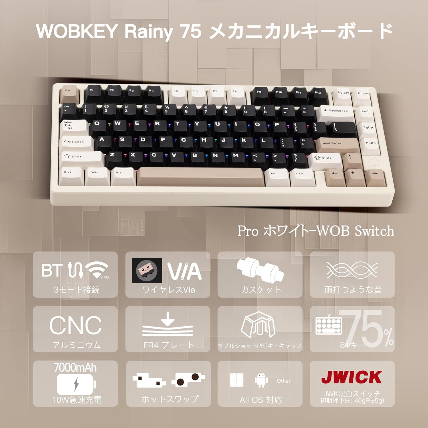 メカニカルキーボード 75%サイズ 雨音打鍵音 ホットスワップ対応 RGBバックライト アルミ製