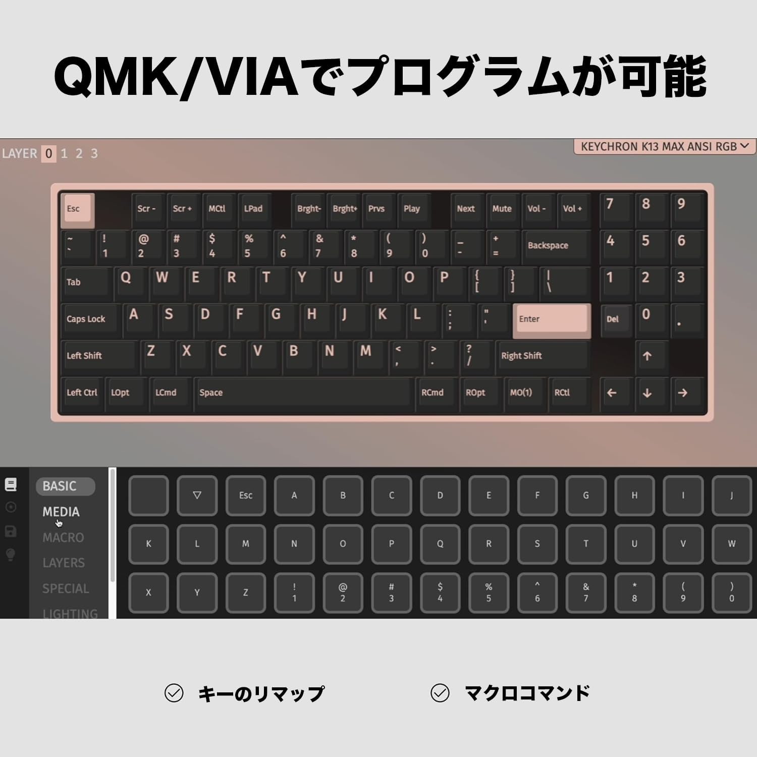 ワイヤレスカスタムメカニカルキーボード Keychron K13 Max - 2.4GHz/Bluetooth/有線対応、USレイアウト、ロープロファイルGateron赤軸