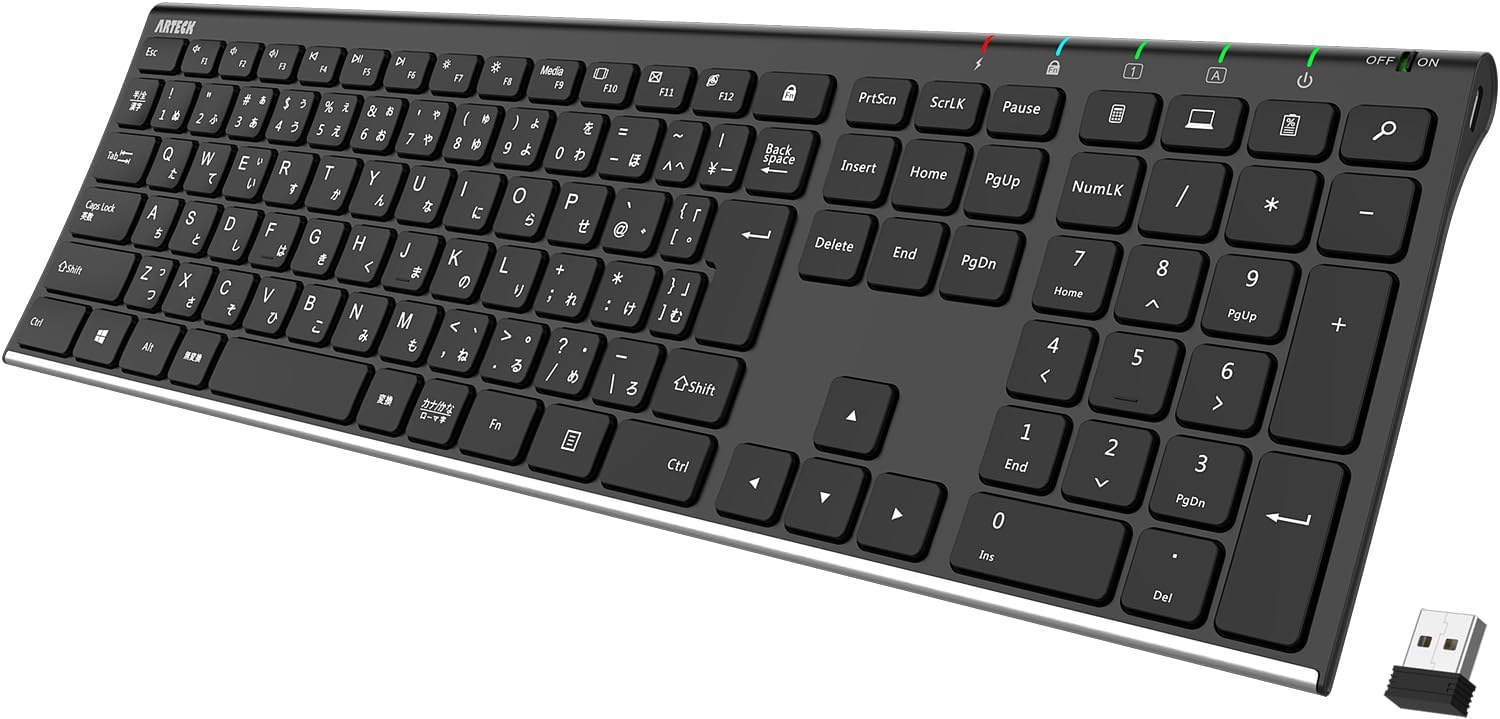 充電式ステンレススチール日本語配列ワイヤレスキーボード（テンキー付き）