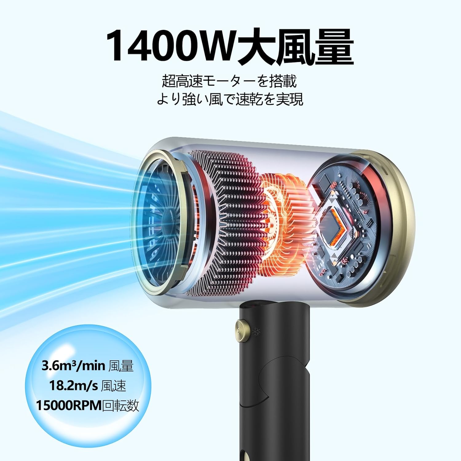最新型 1400W 大風量ドライヤー 折り畳み式 コンパクト 冷熱風調節 PSE認証 (ブラック)