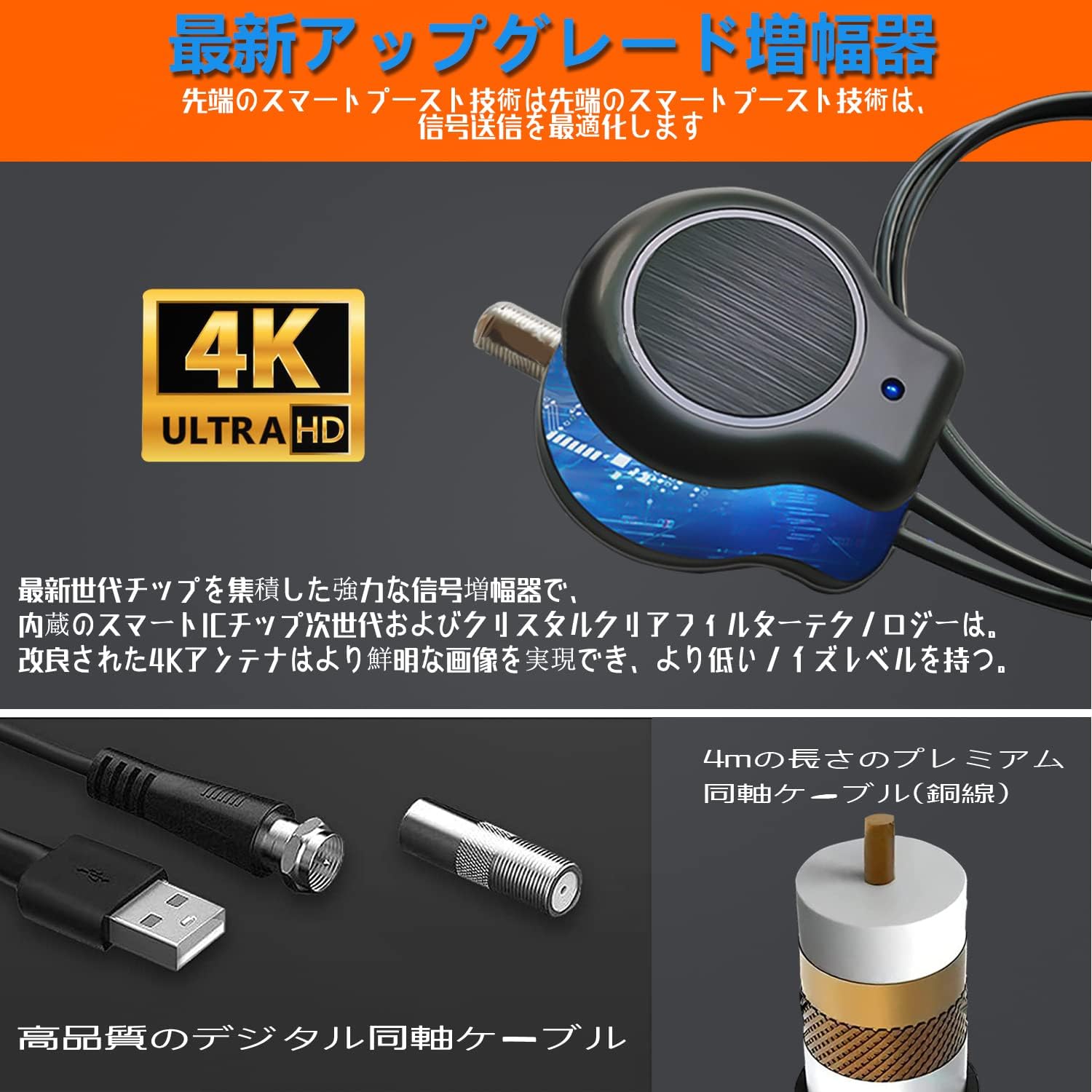 室内用高性能テレビアンテナ【信号増幅器付き・4K/360度受信対応】