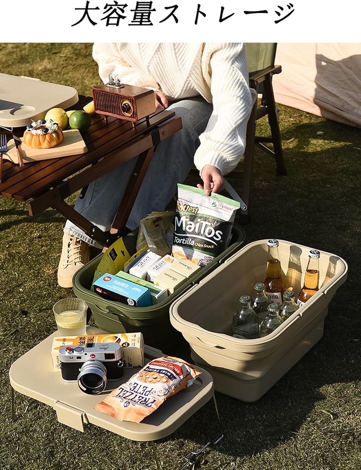 アウトドア・キャンプ用 蓋付き大容量折りたたみシリコンバケツ 収納ボックス兼用 灰色